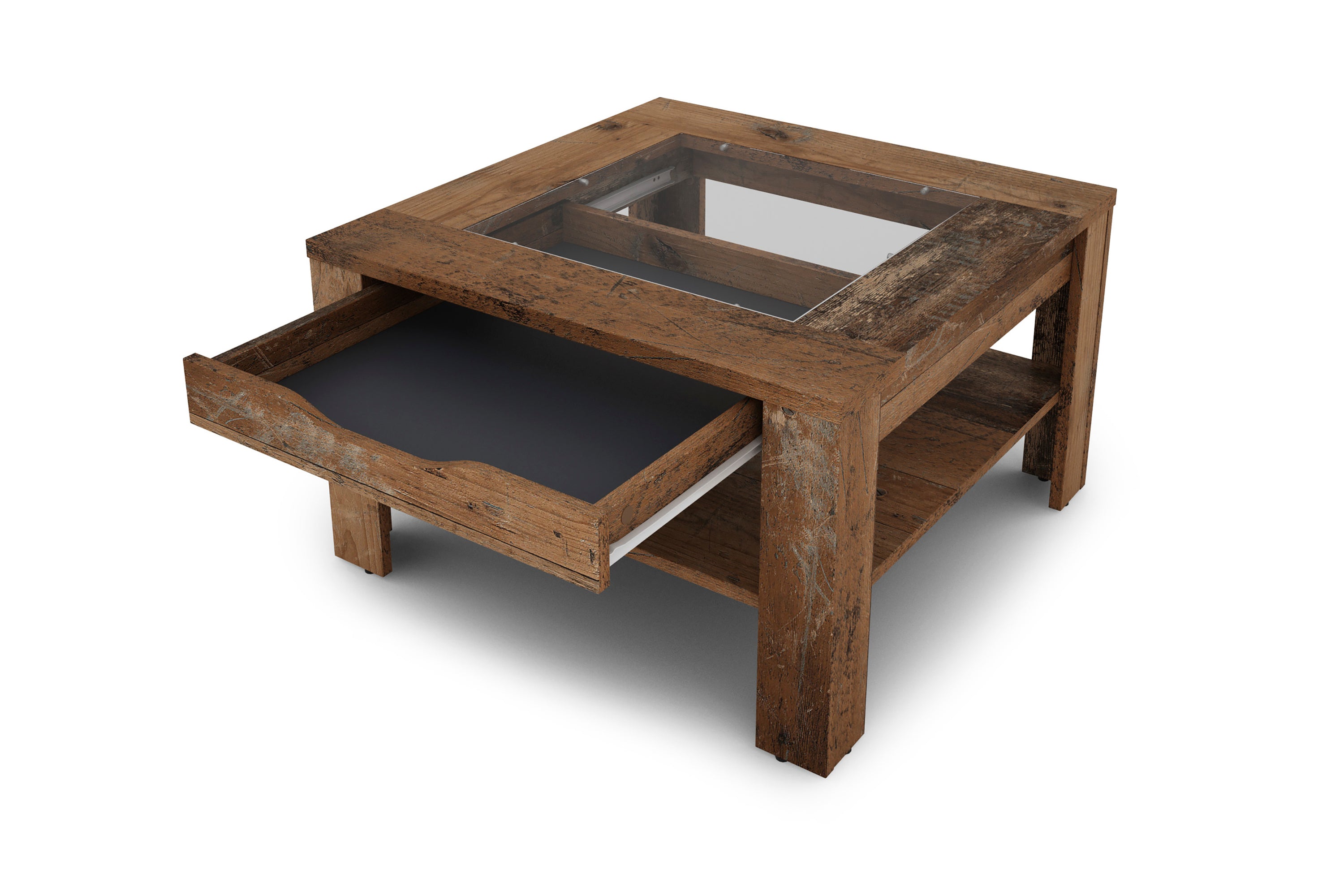Couchtisch RALPH / moderner Sofatisch mit Glaseinlage und großzügiger Schublade / in Old Wood-Optik, weiß oder Artisan Eiche / Beistelltisch mit viel Stauraum / B 67, H 43, T 67 cm