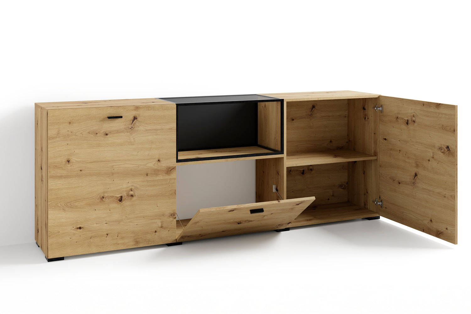 byLIVING Sideboard FRAME / Artisan Eiche (Eiche-Optik) / Fach mit Metallrahmen und Glasablage, verstellbare Böden / Anrichte / Kommode / Maße: B 200, H 75,5, T 37,5 cm