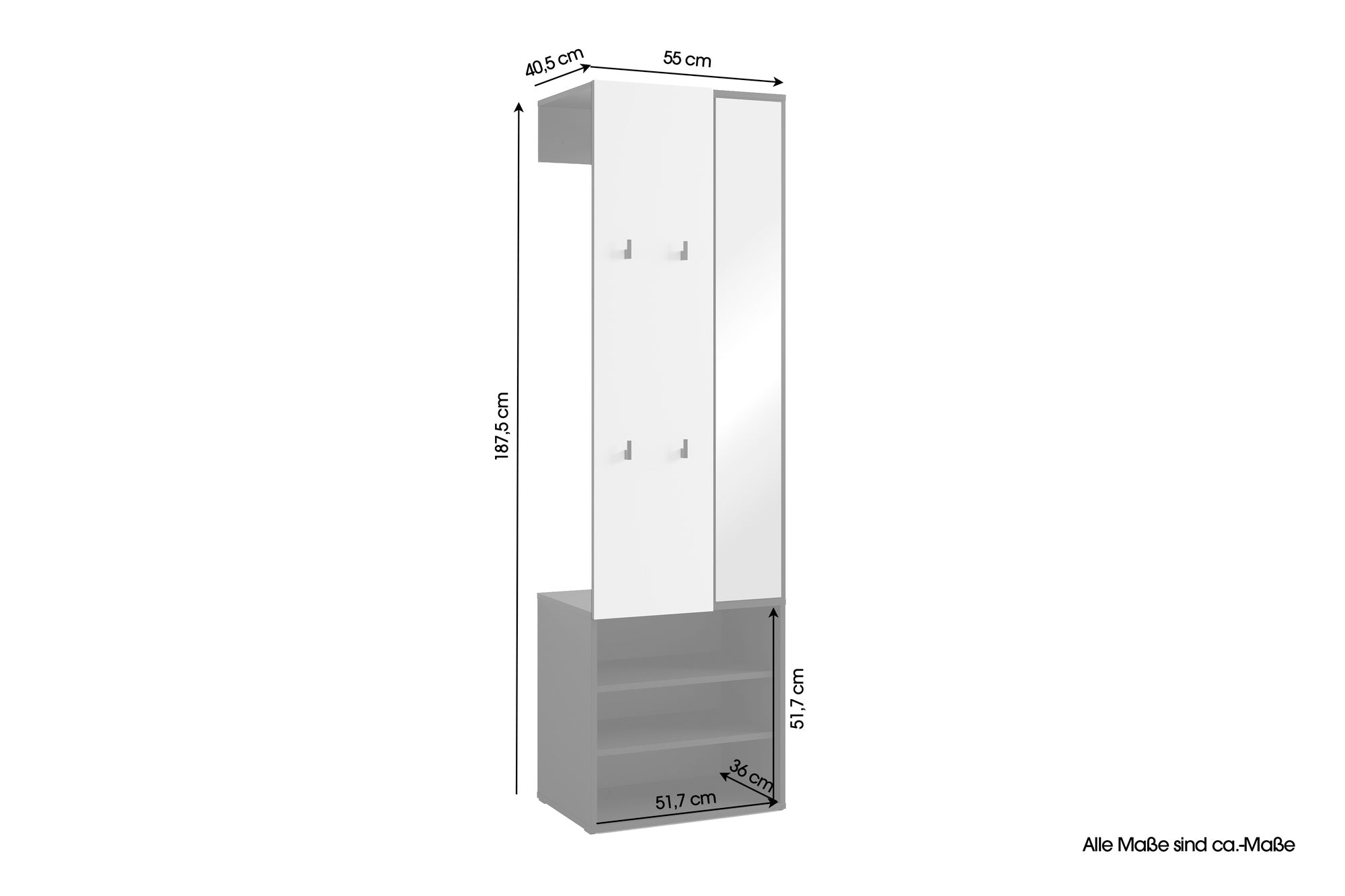 Kompaktgarderobe ANDORRA / Artisan Eiche (Eiche-Optik) oder weiß mit schwarz / Spiegel, Kleiderstange und Schuhfächer / Garderobenschrank / Flurgarderobe / Maße: B 55, H 187,5, T 40,5 cm