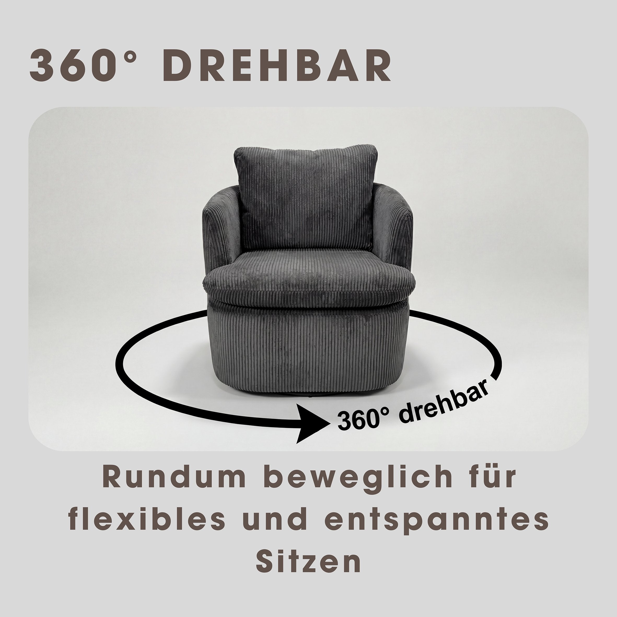 Sessel HARMONY / Grob-Cord dunkelgrau oder off white / Vollpolster / 360° drehbar / B 72, H 69, T 77 cm