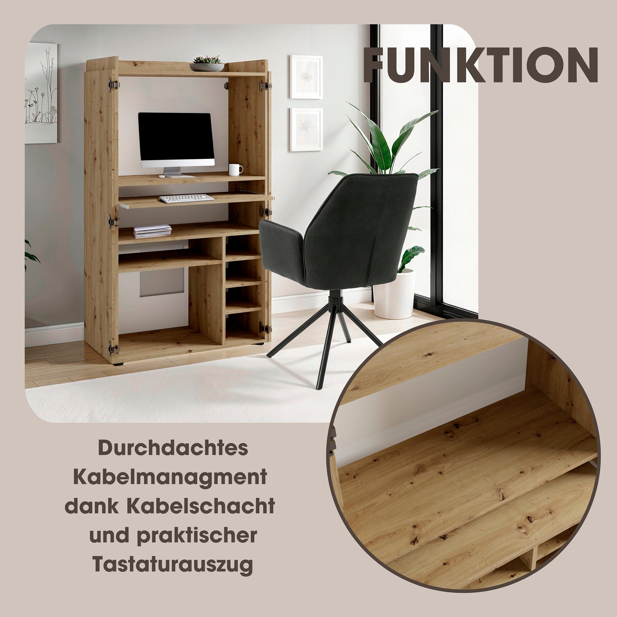 Sekretär JANNE / Sekretär matt weiß oder Artisan Eiche (Eiche-Optik) / Office-Schrank mit 2 Türen / platzsparend / Grifflos / B 80, H 141, T 40 cm