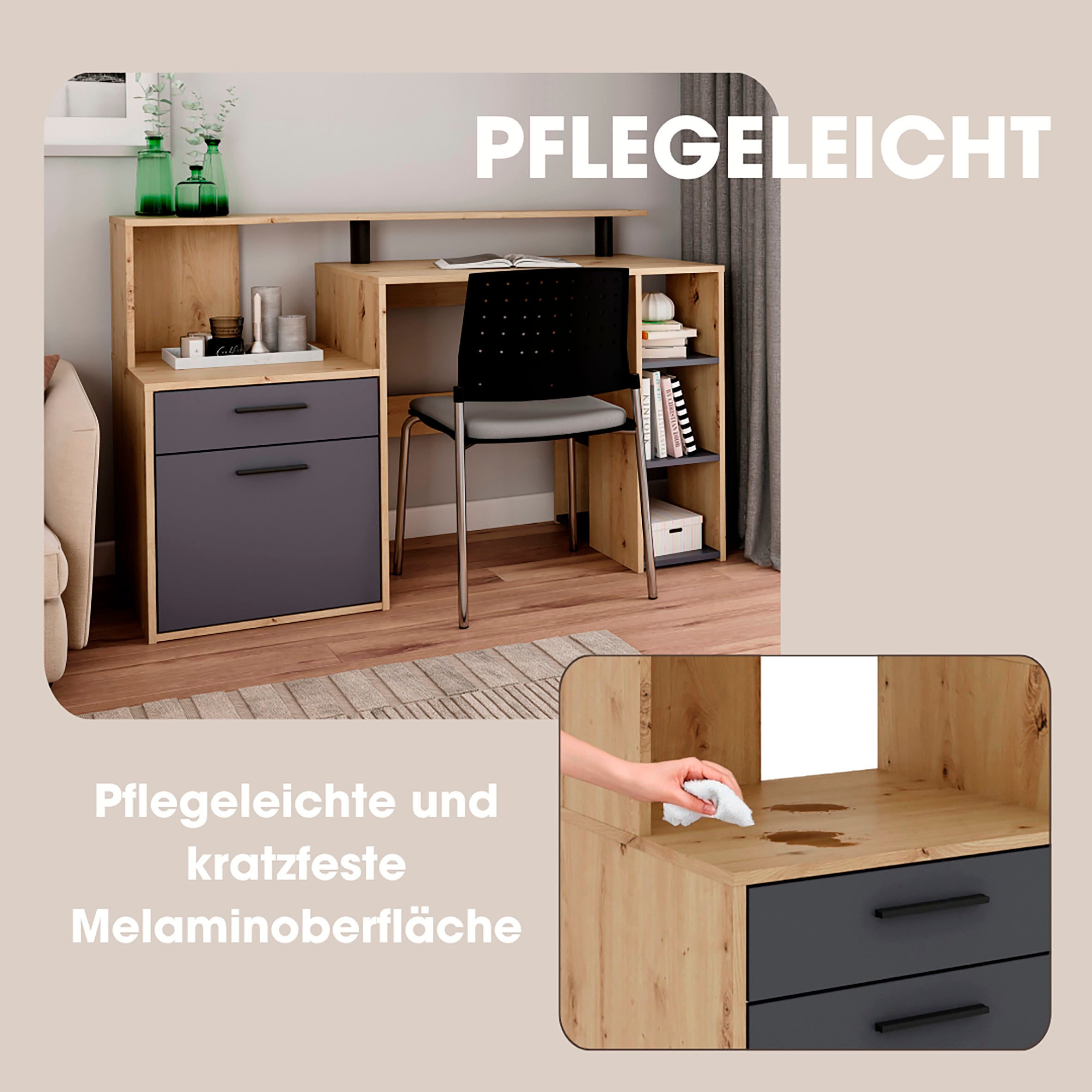 Schreibtisch LOUIS / Inkl. 1 Tür + 1 Schubkasten + 3 offenen Fächern / Weiß, Artisan Eiche (Eiche-Optik) oder Old Wood (Altholz-Optik) / Computertisch / XXL-Tisch / Arbeitstisch / Holztisch / Bürotisch / 140 x 89 x 55 cm (BxHxT)