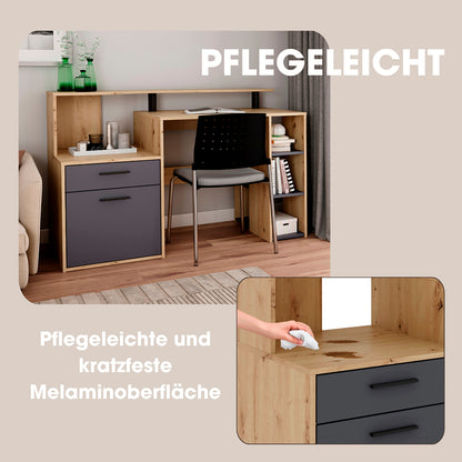 Schreibtisch LOUIS / Inkl. 1 Tür + 1 Schubkasten + 3 offenen Fächern / Weiß, Artisan Eiche (Eiche-Optik) oder Old Wood (Altholz-Optik) / Computertisch / XXL-Tisch / Arbeitstisch / Holztisch / Bürotisch / 140 x 89 x 55 cm (BxHxT)