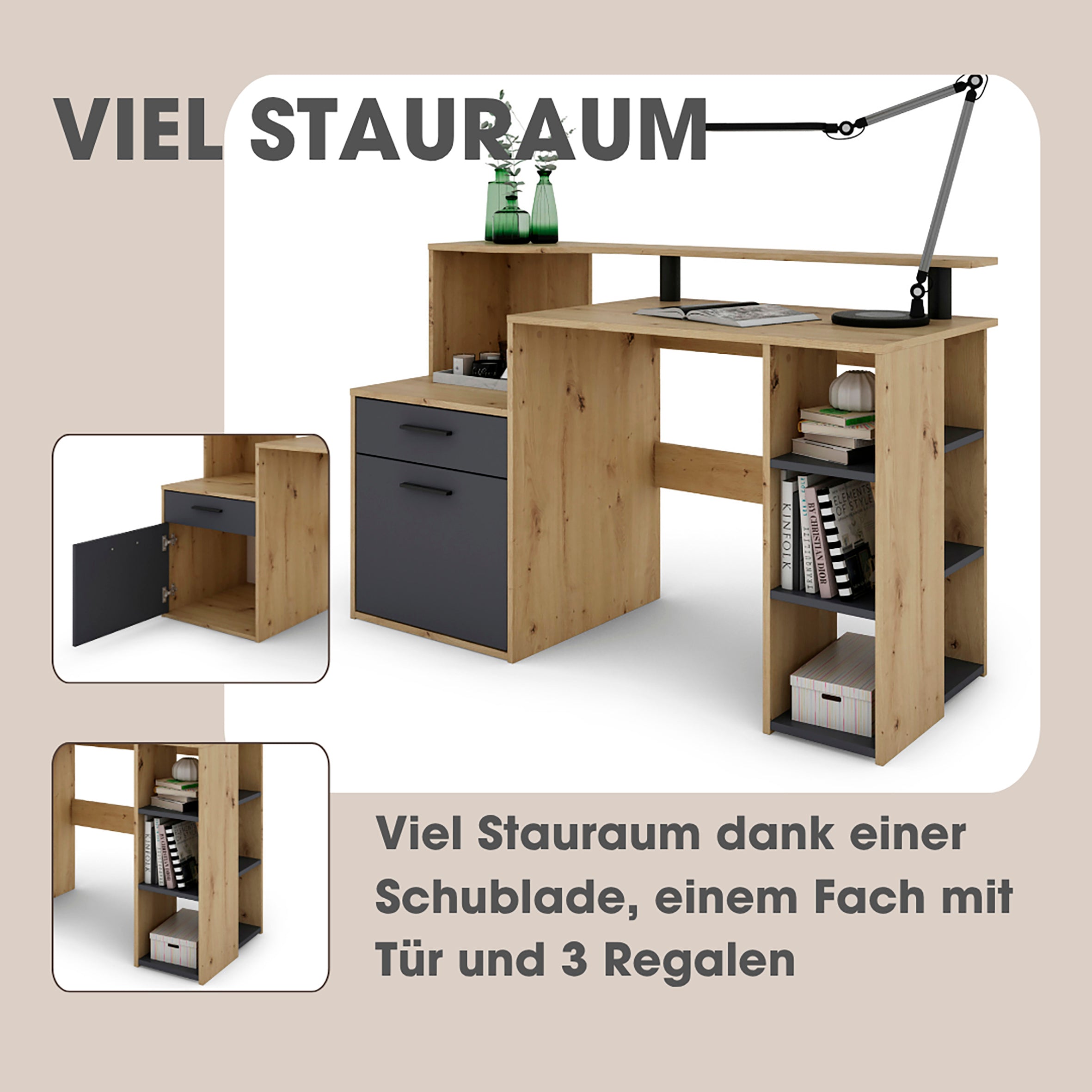 Schreibtisch LOUIS / Inkl. 1 Tür + 1 Schubkasten + 3 offenen Fächern / Weiß, Artisan Eiche (Eiche-Optik) oder Old Wood (Altholz-Optik) / Computertisch / XXL-Tisch / Arbeitstisch / Holztisch / Bürotisch / 140 x 89 x 55 cm (BxHxT)