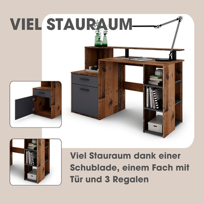 Schreibtisch LOUIS / Inkl. 1 Tür + 1 Schubkasten + 3 offenen Fächern / Weiß, Artisan Eiche (Eiche-Optik) oder Old Wood (Altholz-Optik) / Computertisch / XXL-Tisch / Arbeitstisch / Holztisch / Bürotisch / 140 x 89 x 55 cm (BxHxT)