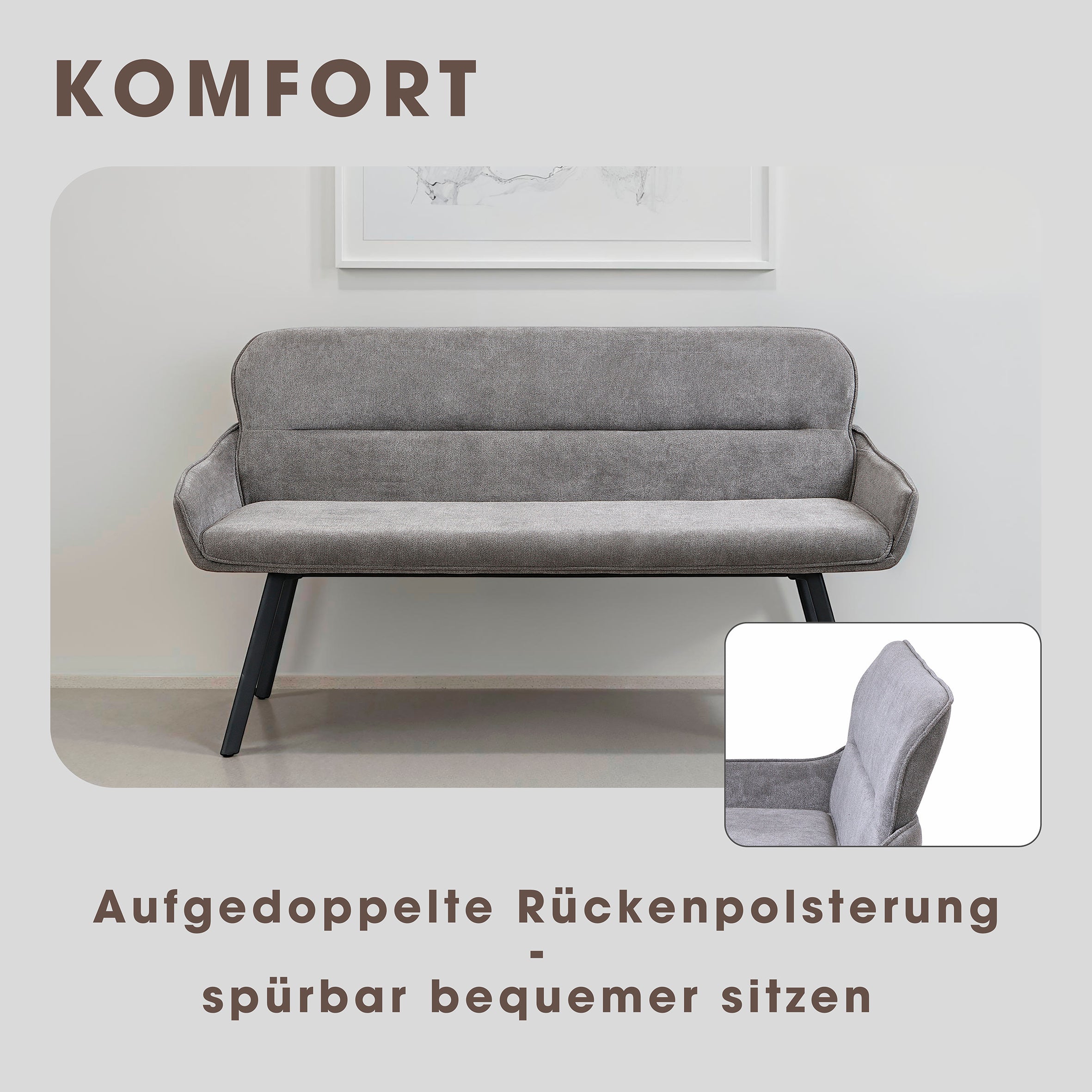 Bank RICO / Webstoffbezug in dunkelgrau oder taupe, Gestell in schwarz / Taschenfederkern, aufgedoppelter Rücken / Esszimmerbank, Sitzbank / B 140 x H 90 x T 62 cm oder B 160 x H 90 x T 62 cm