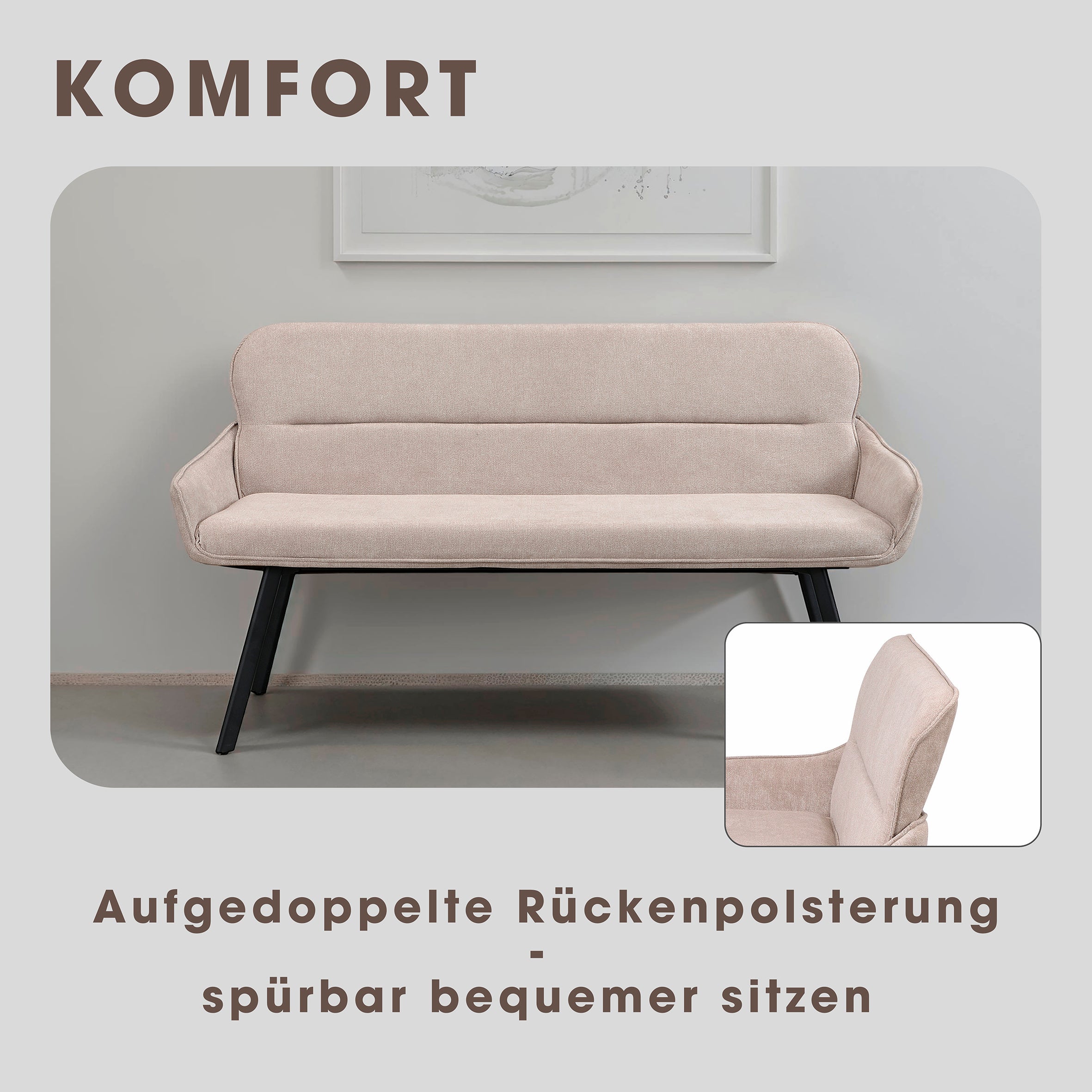 Bank RICO / Webstoffbezug in dunkelgrau oder taupe, Gestell in schwarz / Taschenfederkern, aufgedoppelter Rücken / Esszimmerbank, Sitzbank / B 140 x H 90 x T 62 cm oder B 160 x H 90 x T 62 cm