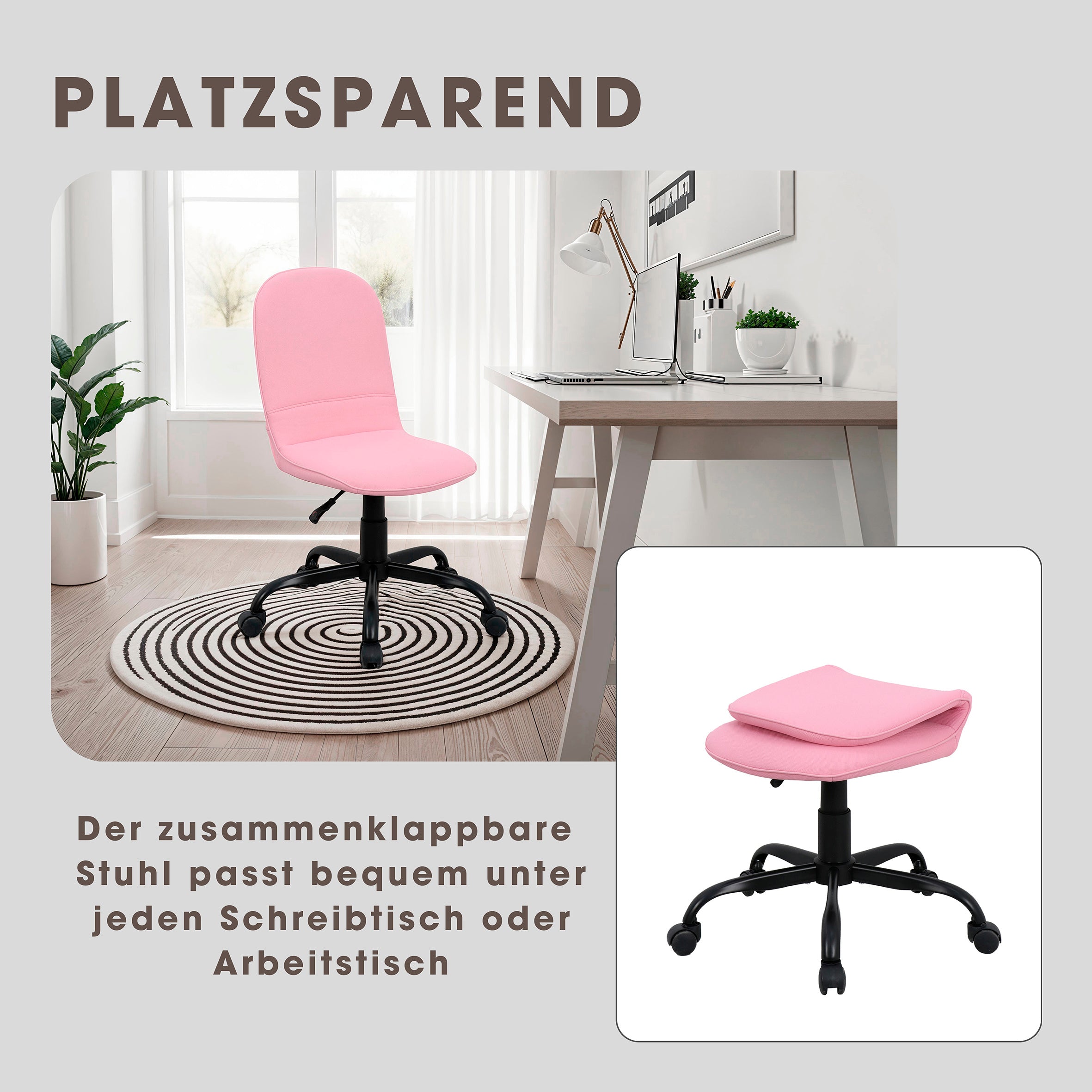 Bürostuhl TROLLY Drehstuhl / Kinderstuhl / Metall schwarz pulverbeschichtet / Bezug Webstoff pink oder hellgrau / klappbar / Sicherheitsdoppelrollen / Maße: B 42, H 85-95, T 54 cm