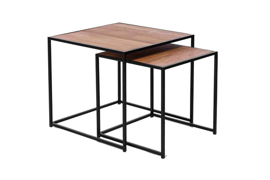 SQUARE Zweisatztisch, moderner Couchtisch aus geölter Eiche und schwarzem Metallgestell