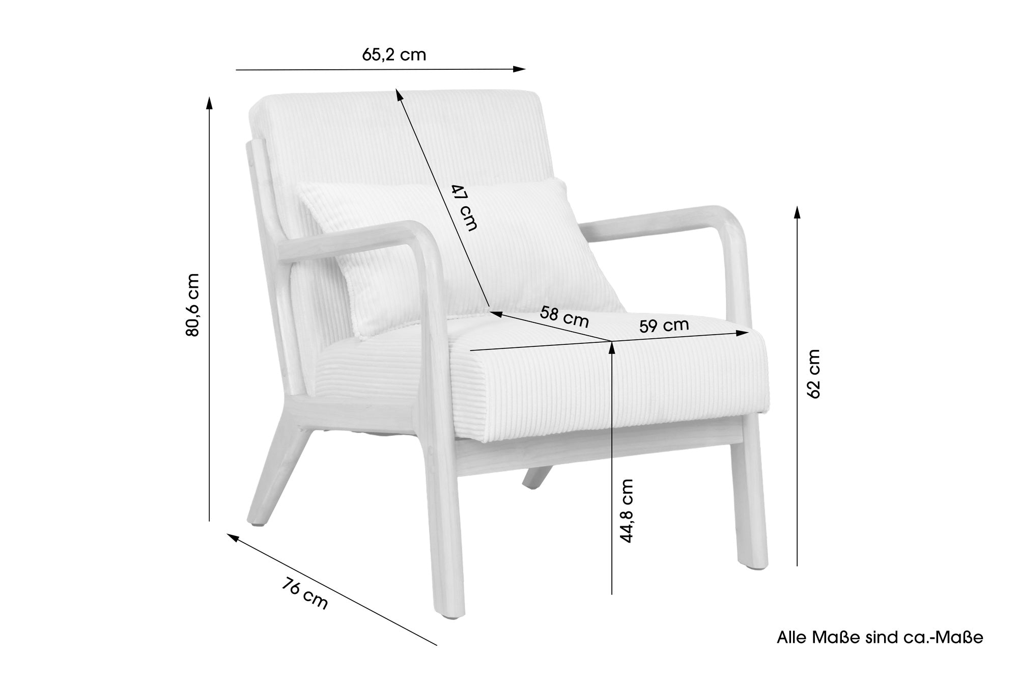 byLIVING Sessel NOHR / Grob-Cord off-white oder grau / Gestell und Armlehnen Massivholz natur / B 65,5, H 78, T 84 cm