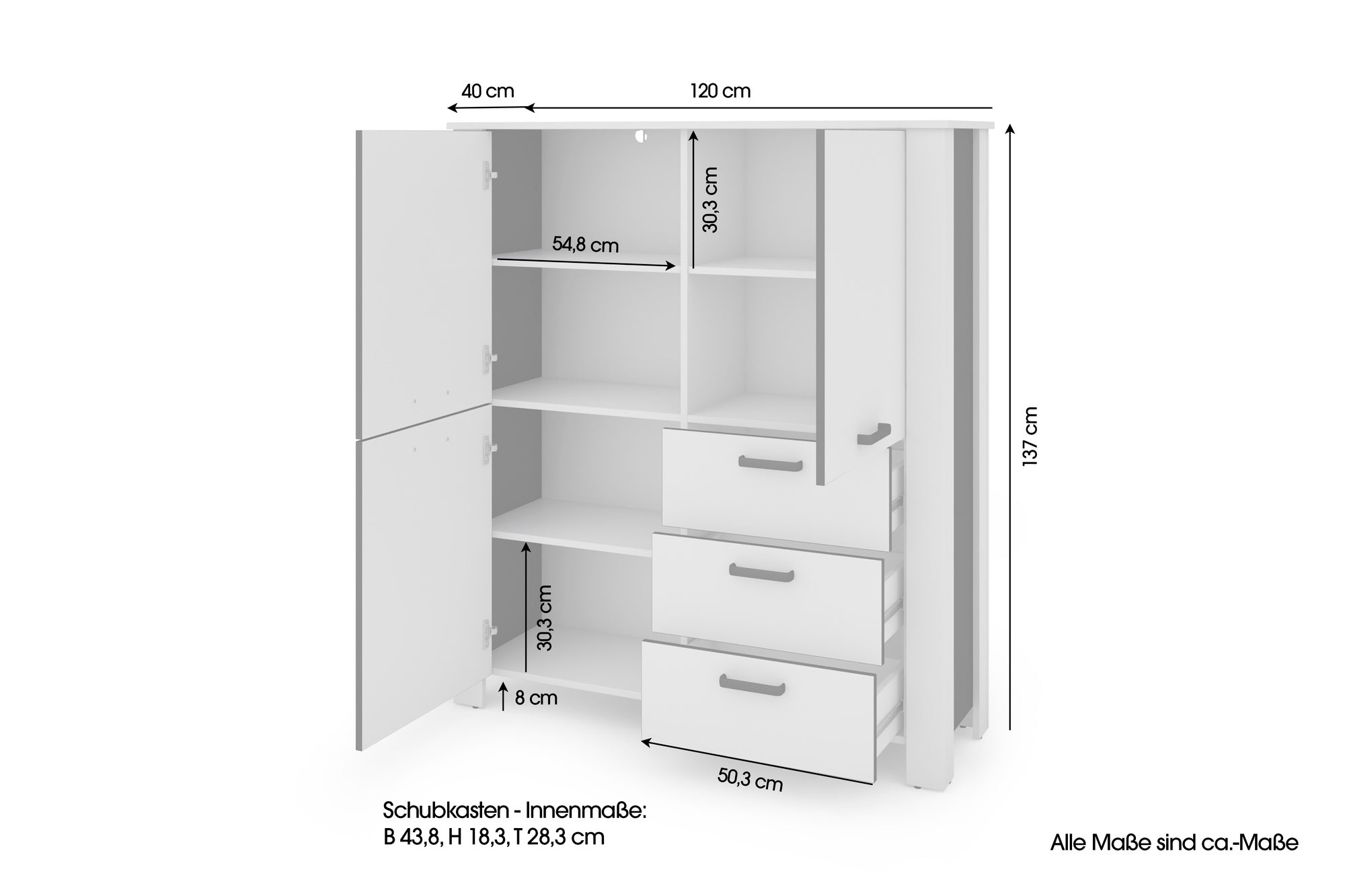 Higboard FARO / Artisan Eiche (Eiche-Optik) oder weiß, Absetzung in schwarz / Stollenoptik / 3 Türen und 3 Schubkästen / verstellbare Einlegeböden / viel Stauraum / Sideboard / Kommode / Maße: B 160, H 84, T 40 cm