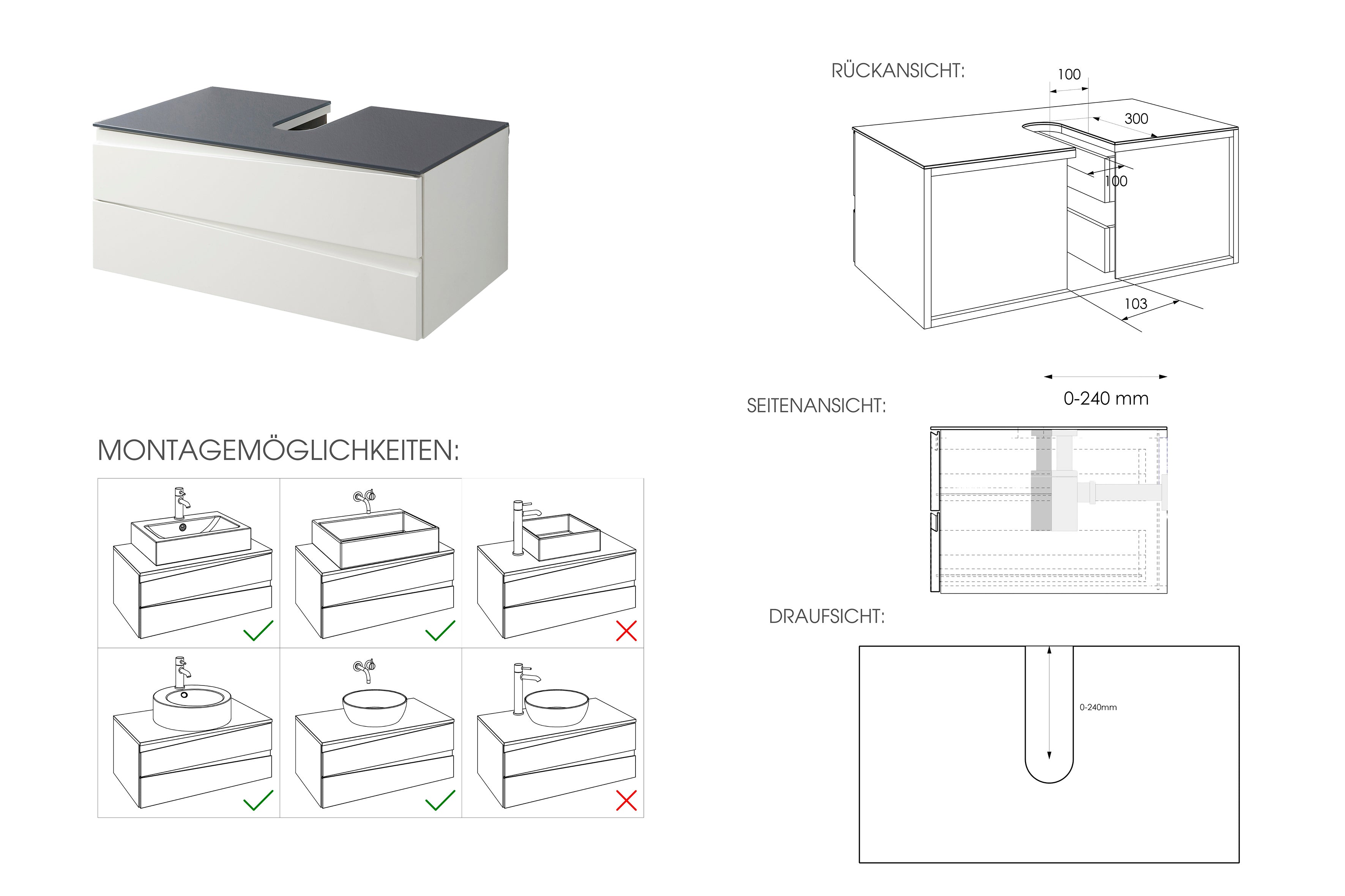 Waschtisch SHAPE / Moderne Bad Kommode / in weiß, anthrazit oder Artisan Eiche (Eiche-Optik) / 2 Schubladen mit gefräster Griffleiste / Schrank / 80 x 33 x 46 cm (BxHxT)