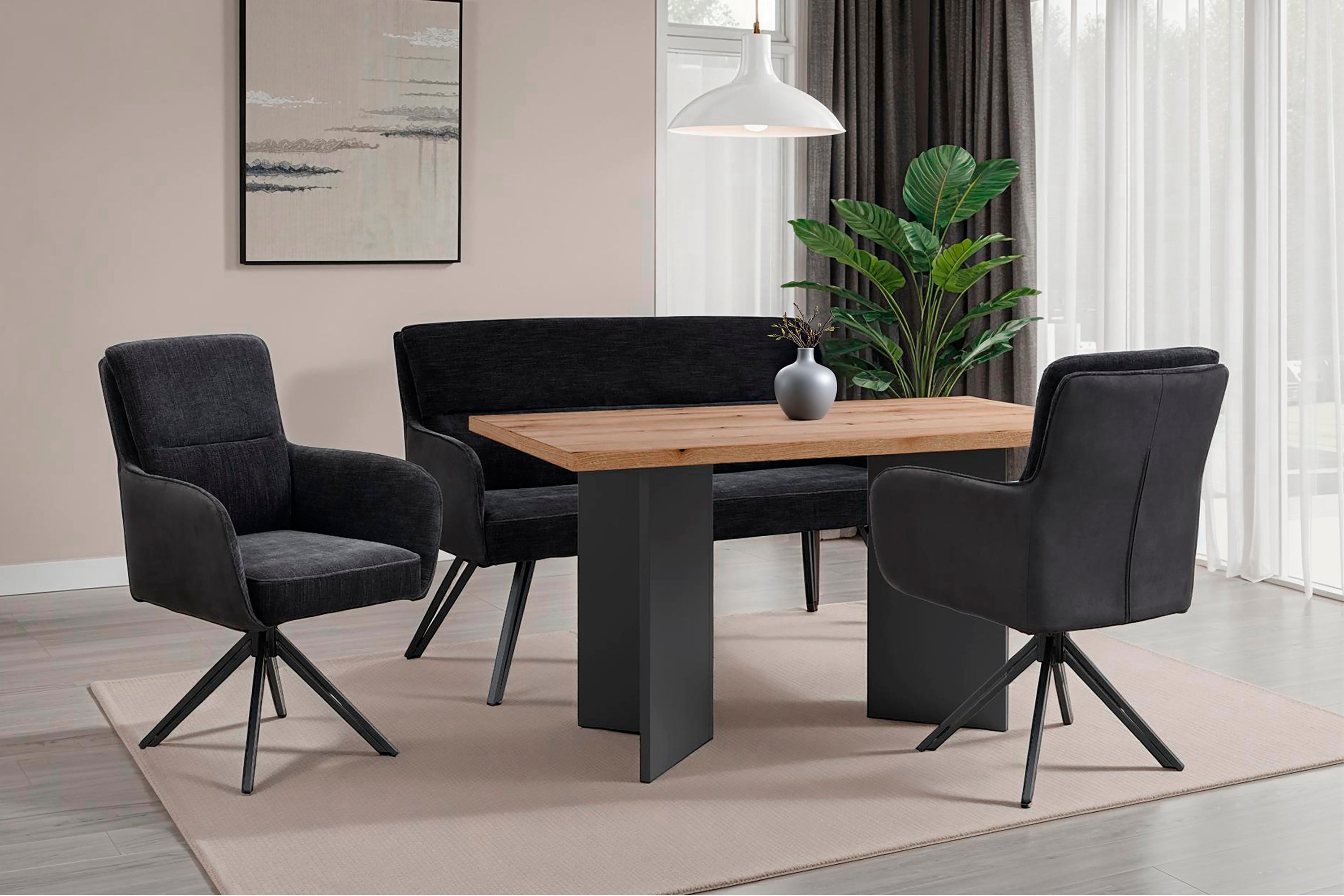 Bank TINO / Webstoff und Mikrofaser Bezug schwarz oder hellgrau / Gestell in schwarz / Aufgedoppelter Rücken / Küchenbank, Sitzbank, Esszimmerbank / B 140 x H 94 x T 67 cm oder B 160 x H 94 x T 67 cm