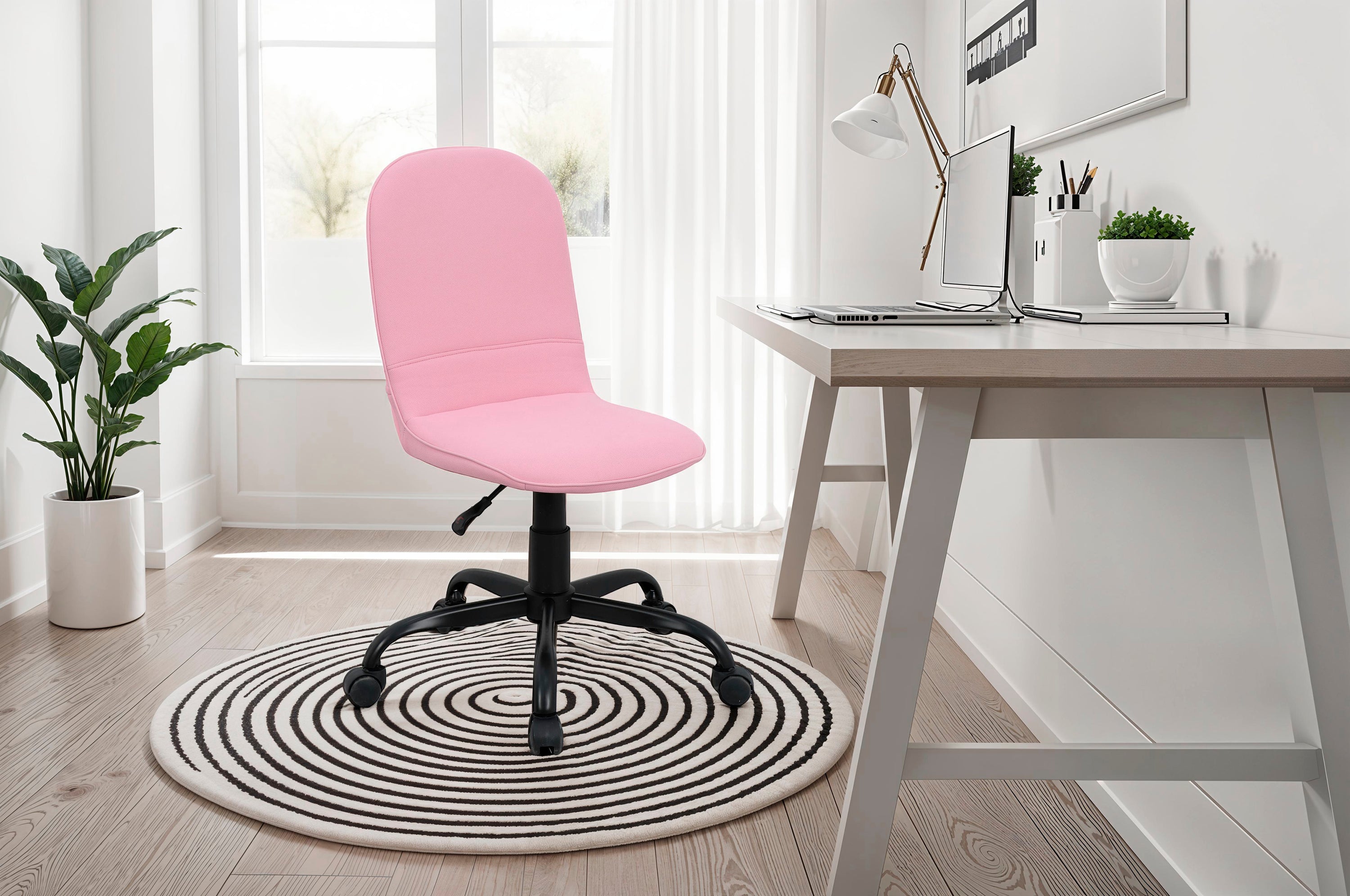 Bürostuhl TROLLY Drehstuhl / Kinderstuhl / Metall schwarz pulverbeschichtet / Bezug Webstoff pink oder hellgrau / klappbar / Sicherheitsdoppelrollen / Maße: B 42, H 85-95, T 54 cm