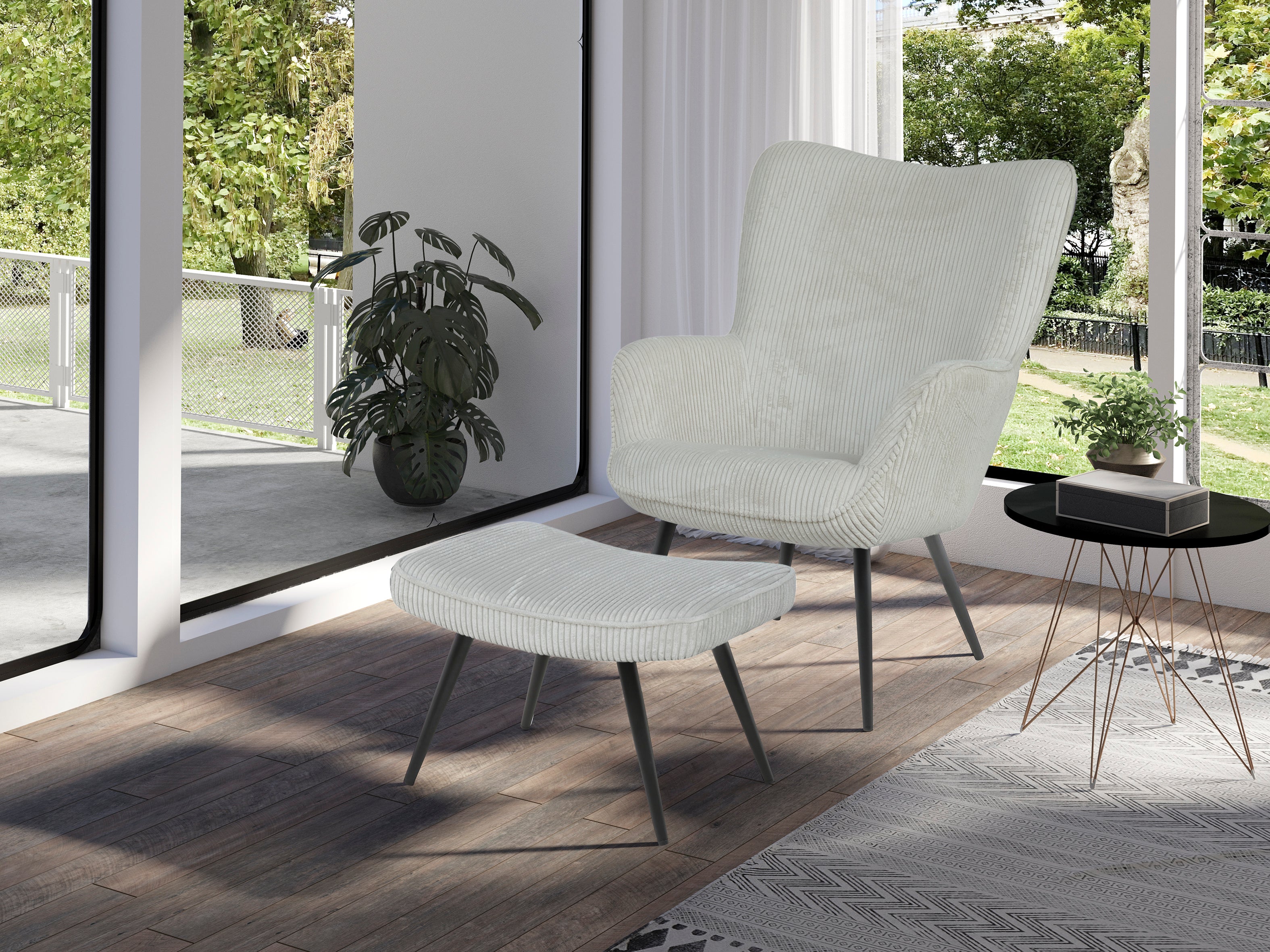 Hocker Uta / Cord grau, Samt schwarz, Webstoff dunkelgrau, Samt dunkelgrün, Webstoff sandfarben / Gestell schwarz pulverbeschichtet / Fuß-Ablage / Sitzhocker / B 60, H 39, T 41 cm