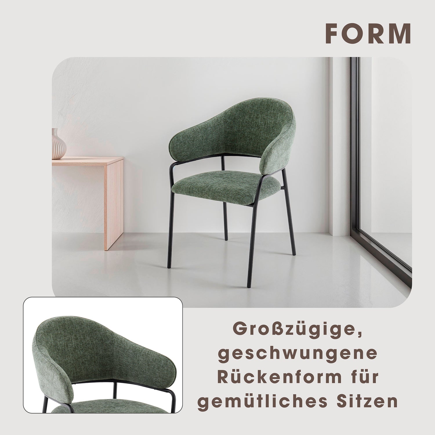 byLIVING Stuhl 2-er Set CURVE / Webstoffbezug in dunkelgrau, dunkelgrün oder taupe, Gestell in schwarz / Esszimmerstuhl / Küchenstuhl / Maße: B 60 x H 86 x T 58 cm