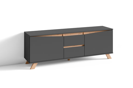 TV-Board VALENTIN / Lowboard matt weiß oder anthrazit mit Absetzung in Eiche-Optik / Fernsehtisch mit 2 Türen und 2 Schubkästen / Fernsehschrank im Scandi-Style / Grifflos / B 160, H 60, T 38 cm