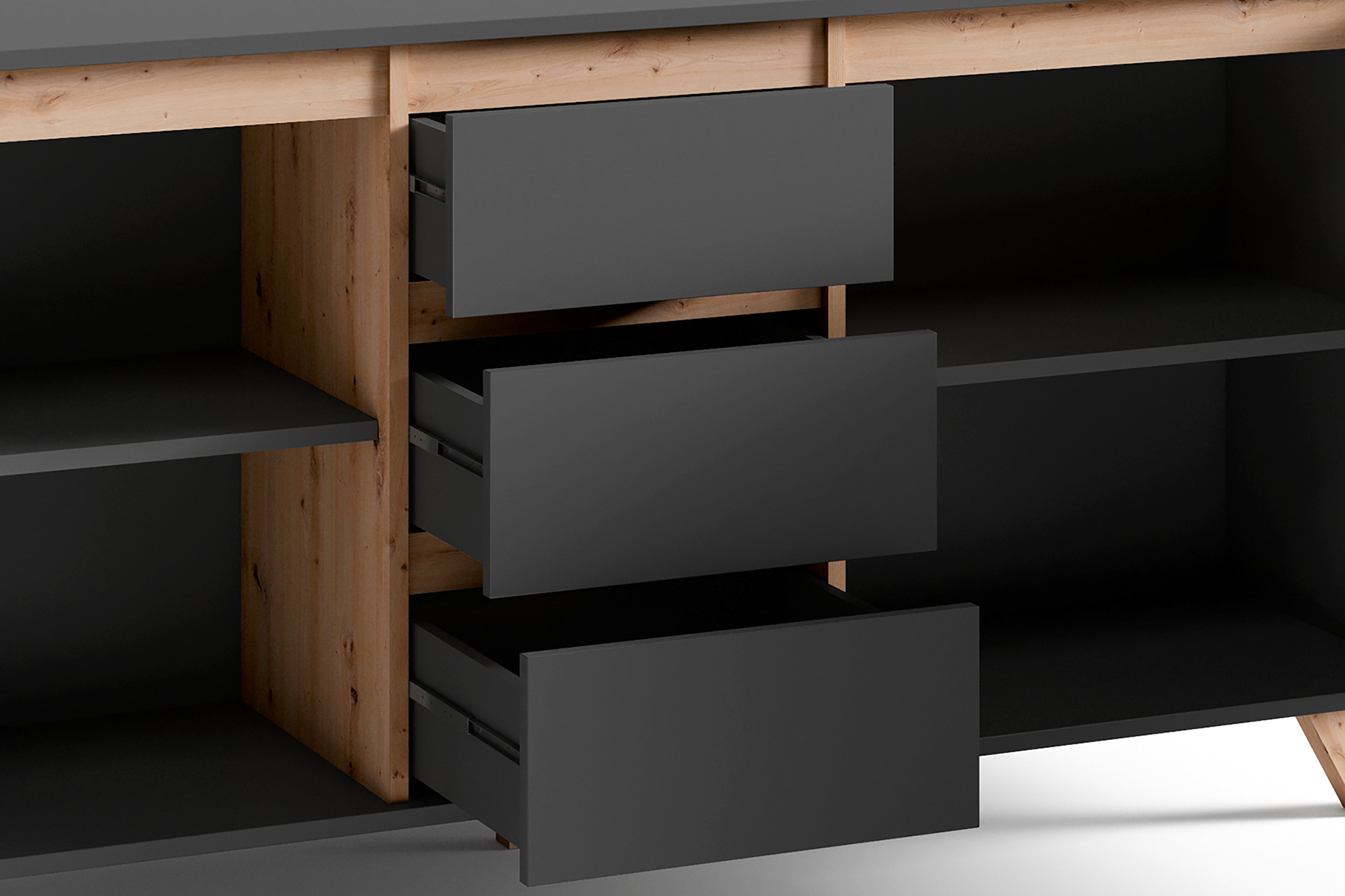 Sideboard VALENTIN / Kommode matt weiß oder anthrazit mit Absetzung in Eiche-Optik / Schrank mit 2 Türen und 3 Schubkästen / Im Scandi-Style / Grifflos / B 160, H 80, T 38 cm