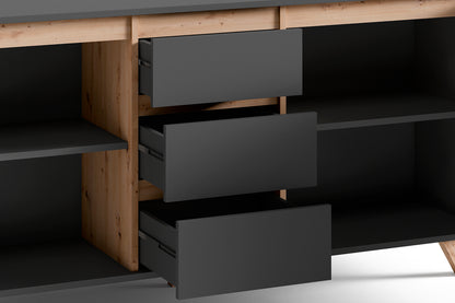 Sideboard VALENTIN / Kommode matt weiß oder anthrazit mit Absetzung in Eiche-Optik / Schrank mit 2 Türen und 3 Schubkästen / Im Scandi-Style / Grifflos / B 160, H 80, T 38 cm
