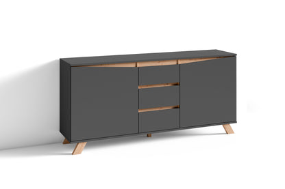 VALENTIN Sideboard / Kommode matt weiß oder anthrazit mit Absetzung in Eiche-Optik / Schrank mit 2 Türen und 3 Schubkästen / Im Scandi-Style / Grifflos / B 160, H 80, T 38 cm