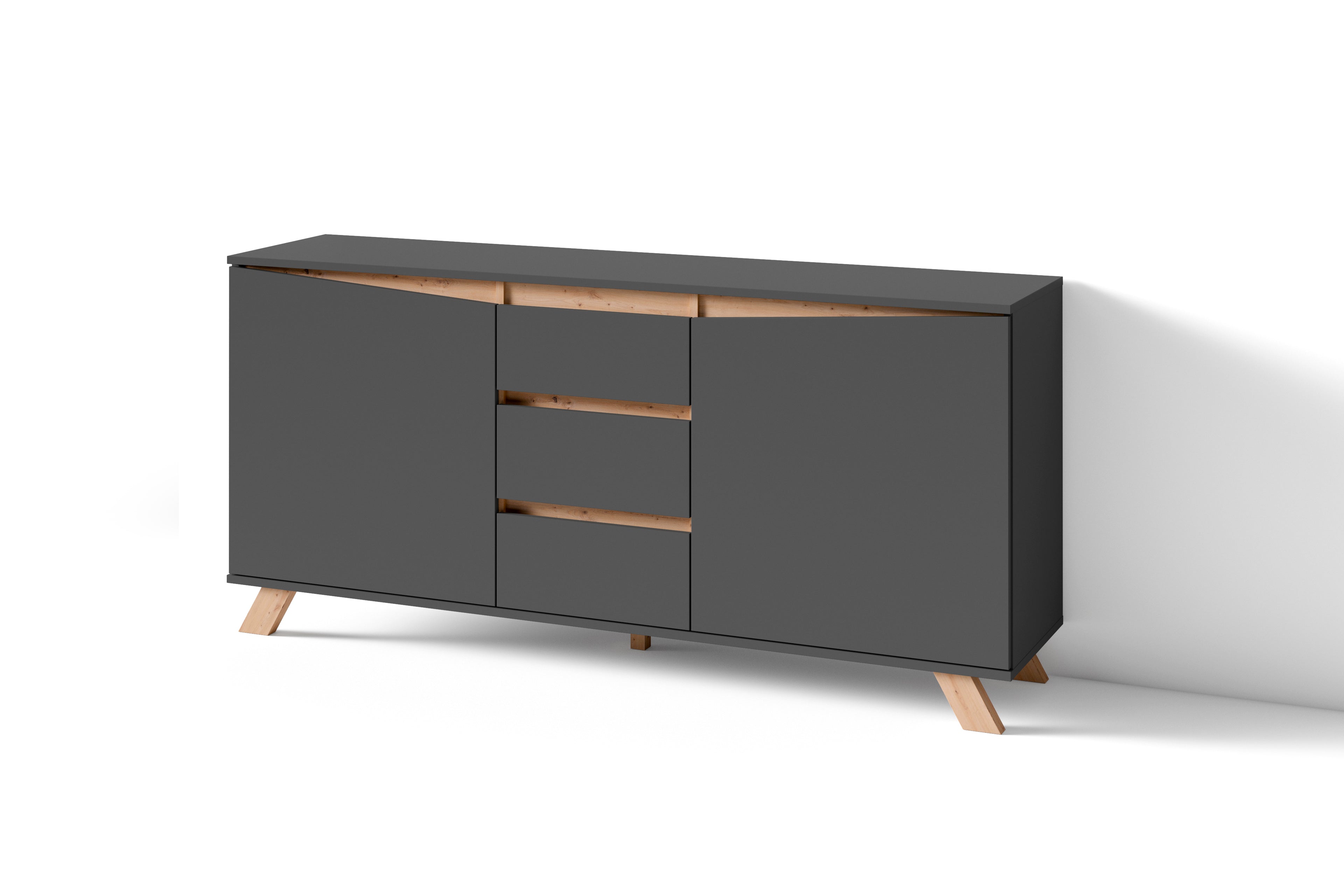 Sideboard VALENTIN / Kommode matt weiß oder anthrazit mit Absetzung in Eiche-Optik / Schrank mit 2 Türen und 3 Schubkästen / Im Scandi-Style / Grifflos / B 160, H 80, T 38 cm
