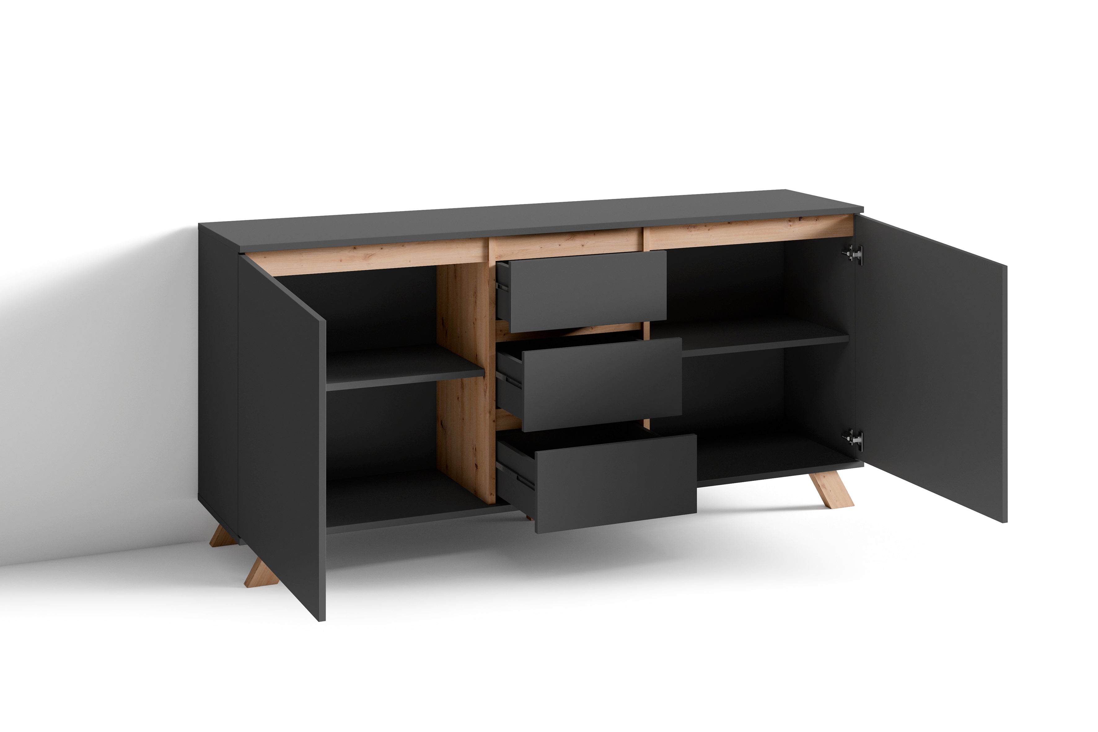 Sideboard VALENTIN / Kommode matt weiß oder anthrazit mit Absetzung in Eiche-Optik / Schrank mit 2 Türen und 3 Schubkästen / Im Scandi-Style / Grifflos / B 160, H 80, T 38 cm