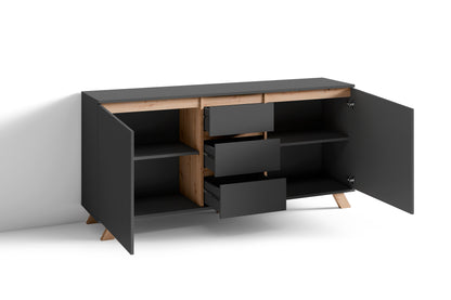 Sideboard VALENTIN / Kommode matt weiß oder anthrazit mit Absetzung in Eiche-Optik / Schrank mit 2 Türen und 3 Schubkästen / Im Scandi-Style / Grifflos / B 160, H 80, T 38 cm