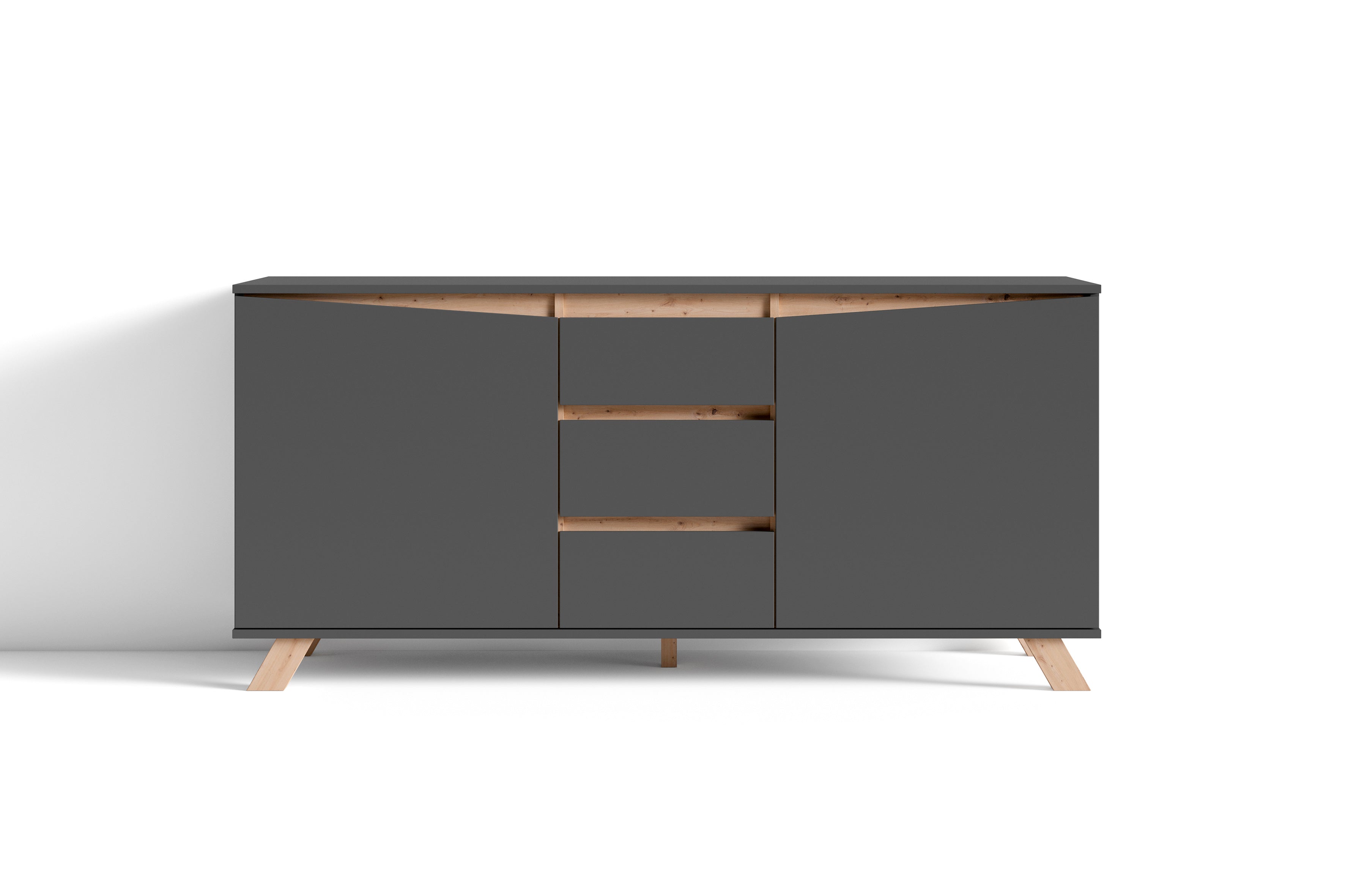 Sideboard VALENTIN / Kommode matt weiß oder anthrazit mit Absetzung in Eiche-Optik / Schrank mit 2 Türen und 3 Schubkästen / Im Scandi-Style / Grifflos / B 160, H 80, T 38 cm