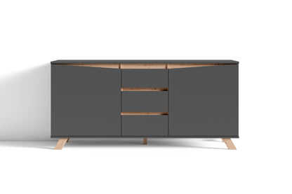 Sideboard VALENTIN / Kommode matt weiß oder anthrazit mit Absetzung in Eiche-Optik / Schrank mit 2 Türen und 3 Schubkästen / Im Scandi-Style / Grifflos / B 160, H 80, T 38 cm