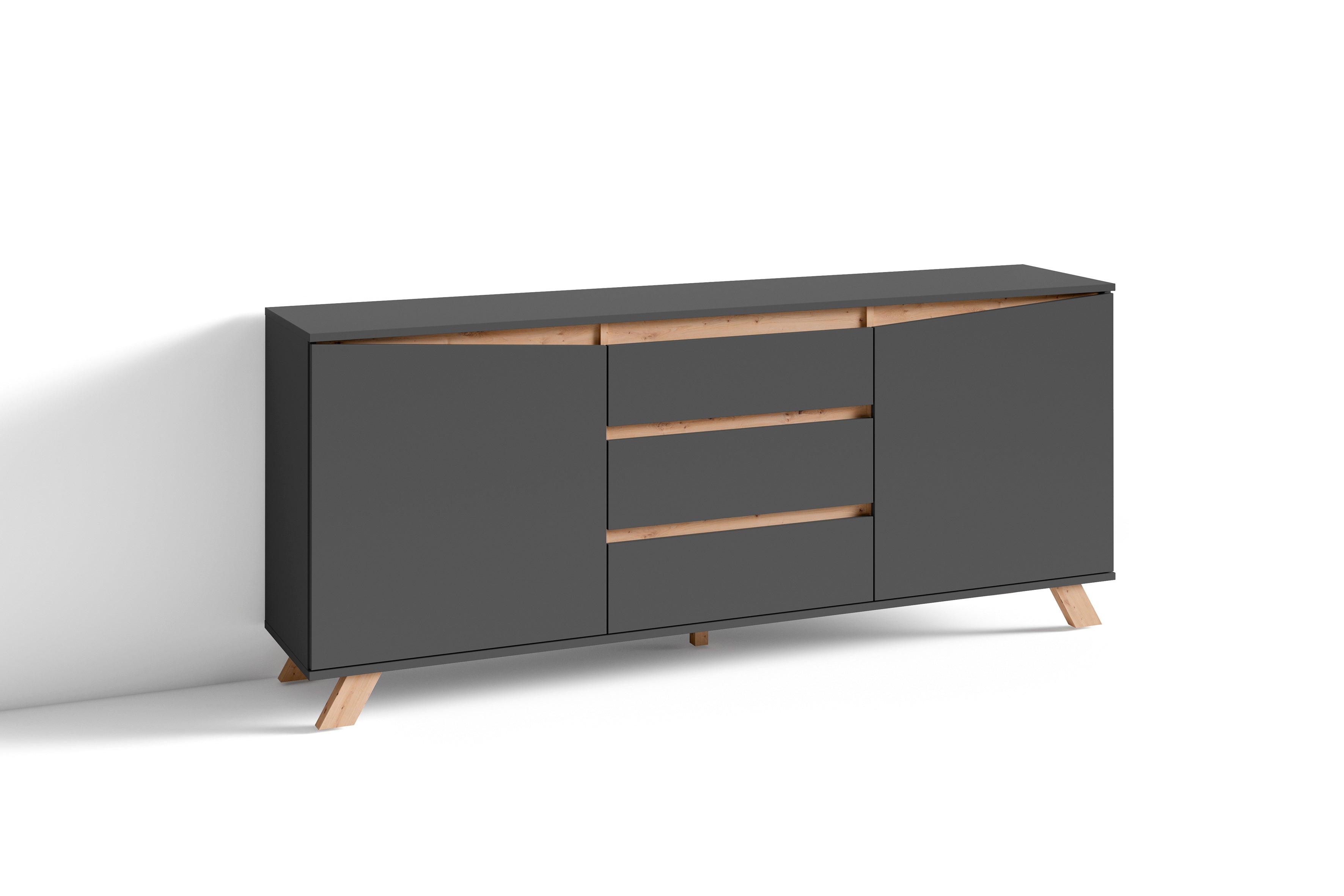 Sideboard VALENTIN / Kommode matt weiß oder anthrazit mit Absetzung in Eiche-Optik / Schrank mit 2 Türen und 3 Schubkästen / Im Scandi-Style / Grifflos / B 180, H 80, T 38 cm