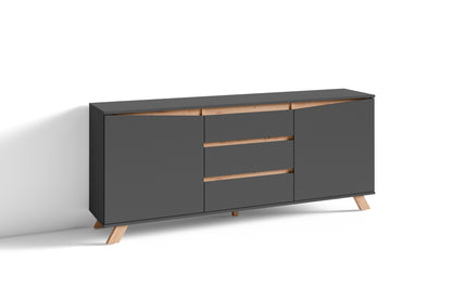 VALENTIN Sideboard / Kommode matt weiß oder anthrazit mit Absetzung in Eiche-Optik / Schrank mit 2 Türen und 3 Schubkästen / Im Scandi-Style / Grifflos / B 180, H 80, T 38 cm