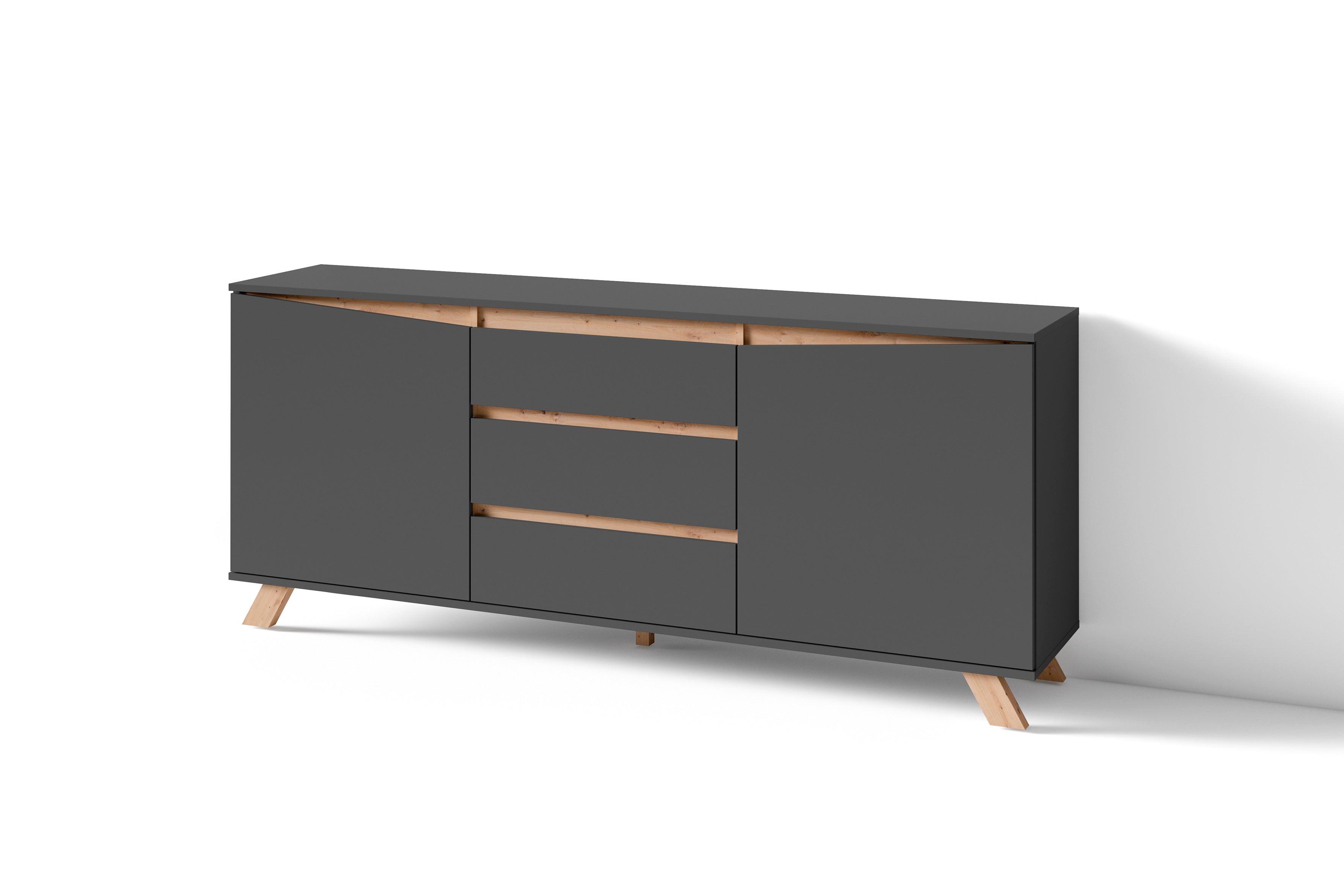 Sideboard VALENTIN / Kommode matt weiß oder anthrazit mit Absetzung in Eiche-Optik / Schrank mit 2 Türen und 3 Schubkästen / Im Scandi-Style / Grifflos / B 180, H 80, T 38 cm