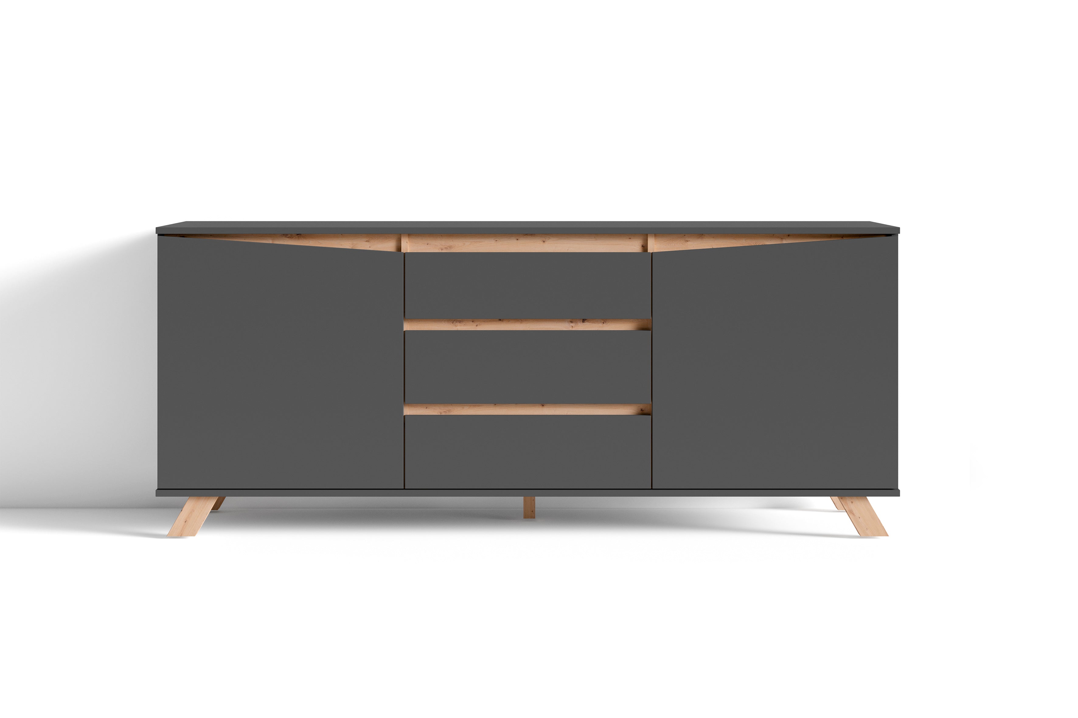 Sideboard VALENTIN / Kommode matt weiß oder anthrazit mit Absetzung in Eiche-Optik / Schrank mit 2 Türen und 3 Schubkästen / Im Scandi-Style / Grifflos / B 180, H 80, T 38 cm