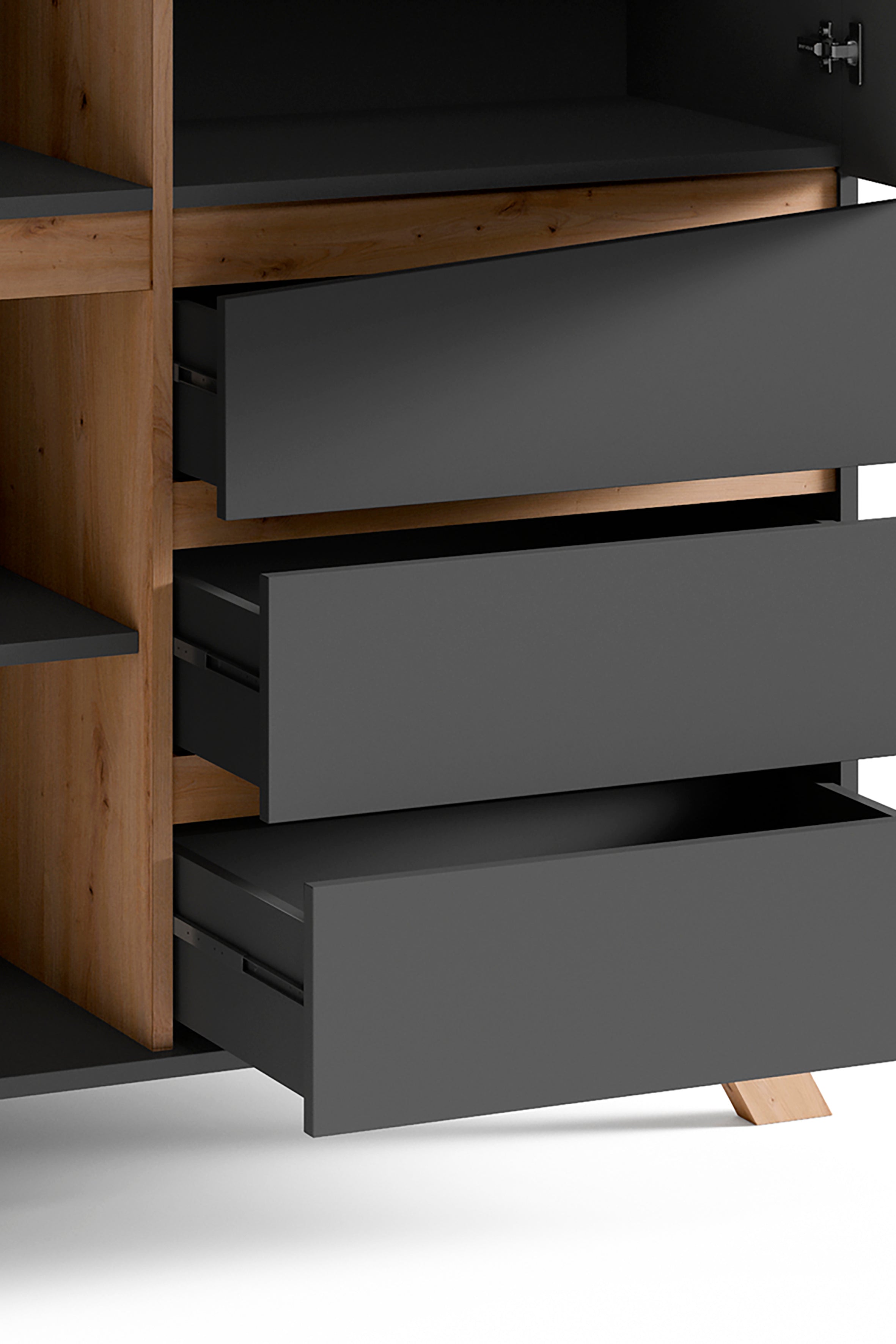 Highboard VALENTIN / Sideboard matt weiß oder anthrazit mit Absetzung in Eiche-Optik / Wohnzimmer-Schrank mit 3 Türen und 3 Schubkästen / Im Scandi-Style / Grifflos / B 120, H 137, T 38 cm