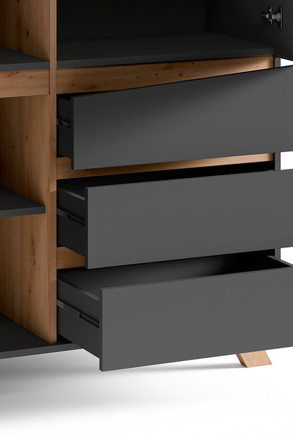 Highboard VALENTIN / Sideboard matt weiß oder anthrazit mit Absetzung in Eiche-Optik / Wohnzimmer-Schrank mit 3 Türen und 3 Schubkästen / Im Scandi-Style / Grifflos / B 120, H 137, T 38 cm