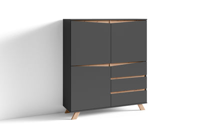 VALENTIN Highboard / Sideboard matt weiß oder anthrazit mit Absetzung in Eiche-Optik / Wohnzimmer-Schrank mit 3 Türen und 3 Schubkästen / Im Scandi-Style / Grifflos / B 120, H 137, T 38 cm