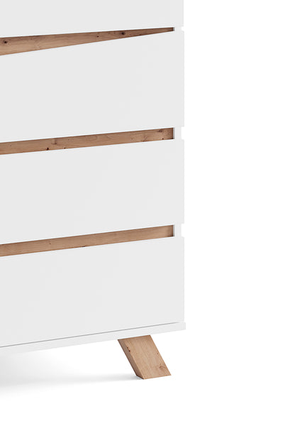 Sekretär VALENTIN / Sekretär matt weiß mit Absetzung in Eiche-Optik / Office-Schrank mit 1 Tür und 3 Schubkästen / Scandi-Style / Grifflos / B 120, H 127, T 38 cm
