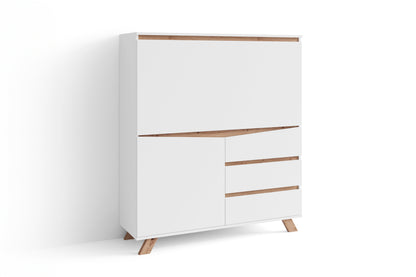 VALENTIN Sekretär / Highboard matt weiß mit Absetzung in Eiche-Optik / Office-Schrank mit 1 Tür und 3 Schubkästen / Scandi-Style / Grifflos / B 120, H 127, T 38 cm