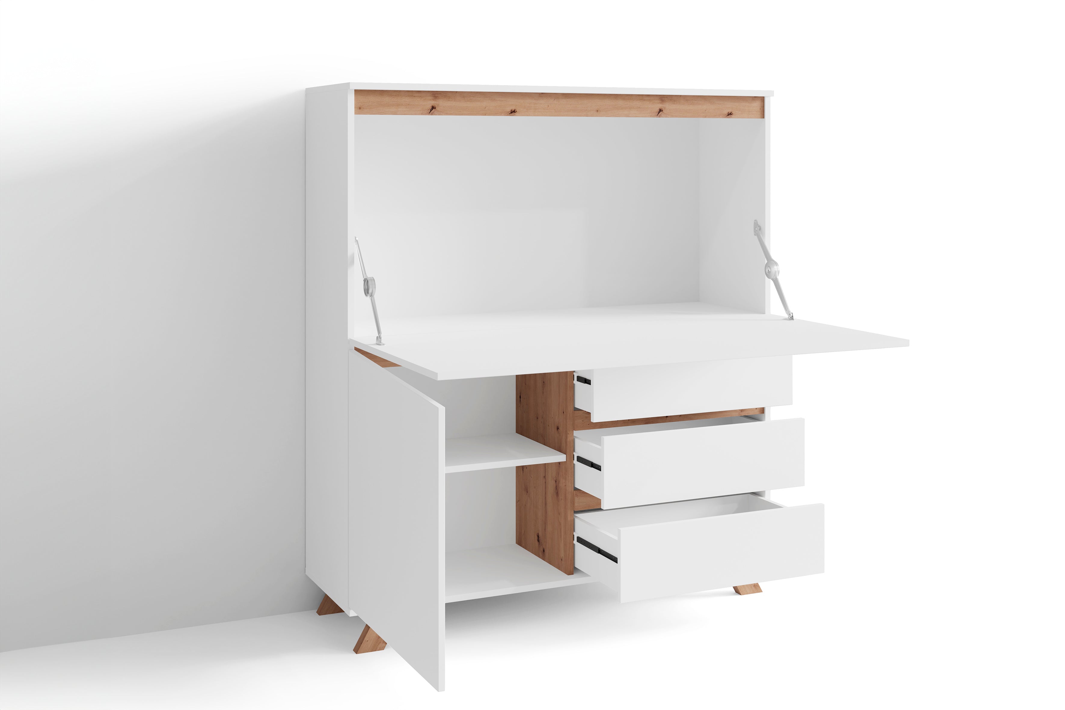 Sekretär VALENTIN / Sekretär matt weiß mit Absetzung in Eiche-Optik / Office-Schrank mit 1 Tür und 3 Schubkästen / Scandi-Style / Grifflos / B 120, H 127, T 38 cm