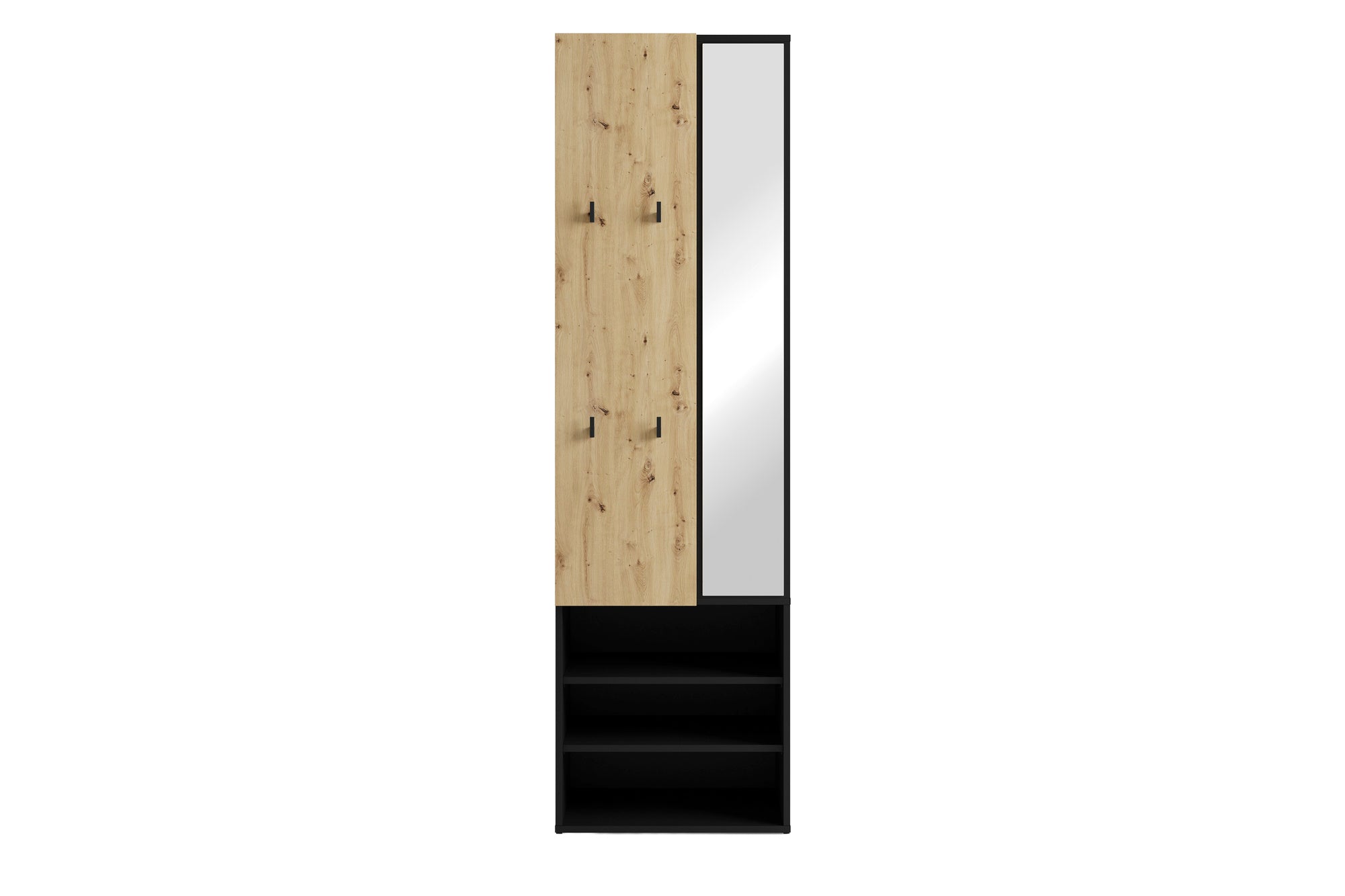 Kompaktgarderobe ANDORRA / Artisan Eiche (Eiche-Optik) oder weiß mit schwarz / Spiegel, Kleiderstange und Schuhfächer / Garderobenschrank / Flurgarderobe / Maße: B 55, H 187,5, T 40,5 cm