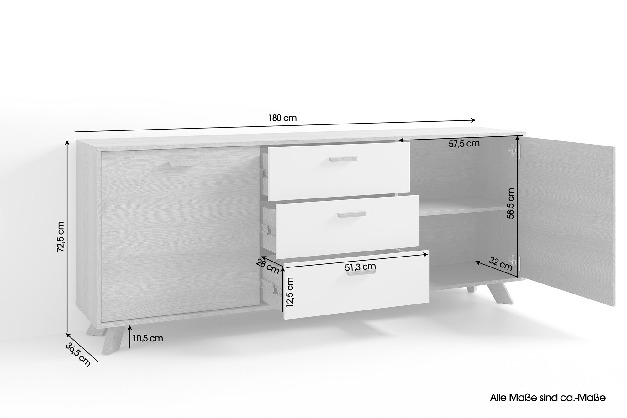 Sideboard BASTIAN / Eiche bianco, weiß / Griffe und Füße Massivholz Eiche / 3 Schubkästen und 2 Türen / viel Stauraum / Kommode / Anrichte / Maße: B 180, H 72,5, T 36,5 cm