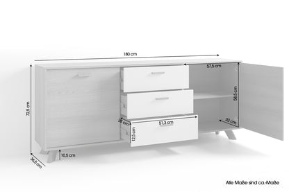 byLIVING Sideboard BASTIAN / Eiche bianco, weiß / Griffe und Füße Massivholz Eiche / 3 Schubkästen und 2 Türen / viel Stauraum / Kommode / Anrichte / Maße: B 180, H 72,5, T 36,5 cm