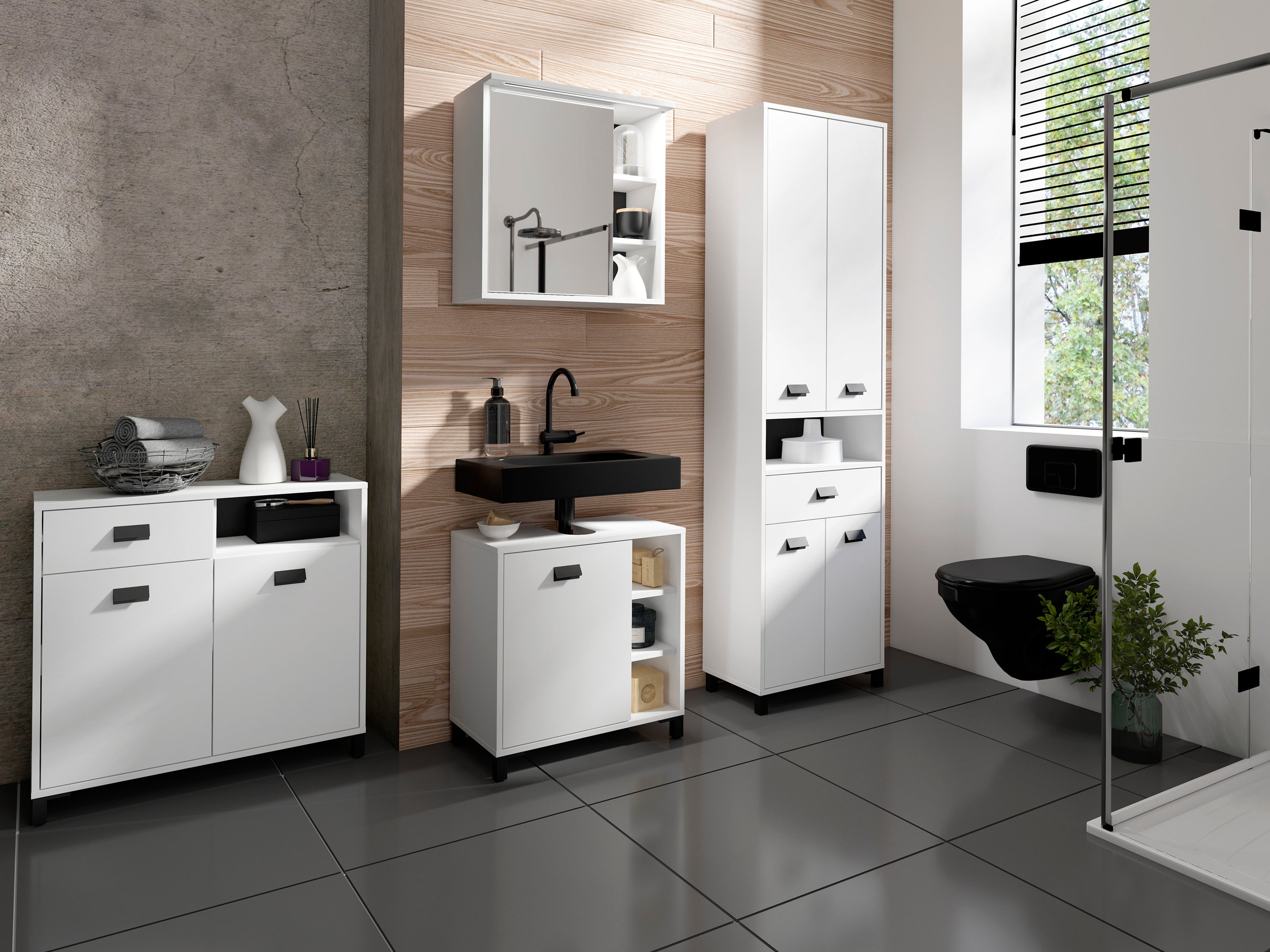 Badezimmer Spiegelschrank WELLNESS mit LED-Beleuchtung &amp; Steckdose / Moderner, 1-türiger Spiegel Hängeschrank in Artisan Eiche oder Weiß / Wandschrank mit Spiegeltür / B 60, H 61, T 28 cm