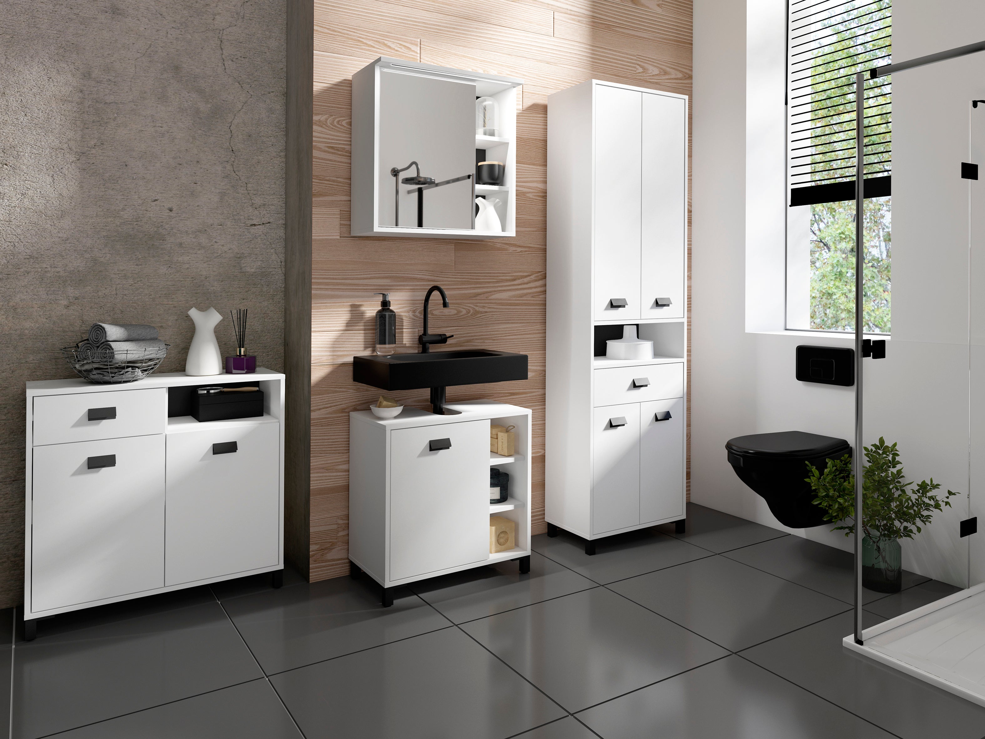 Badezimmer-Hochschrank WELLNESS in Artisan Eiche, Griffe aus Metall in schwarz / Badezimmerschrank 4 Türen mit offenen Elementen &amp; viel Stauraum / B 54, H 193, T 31 cm