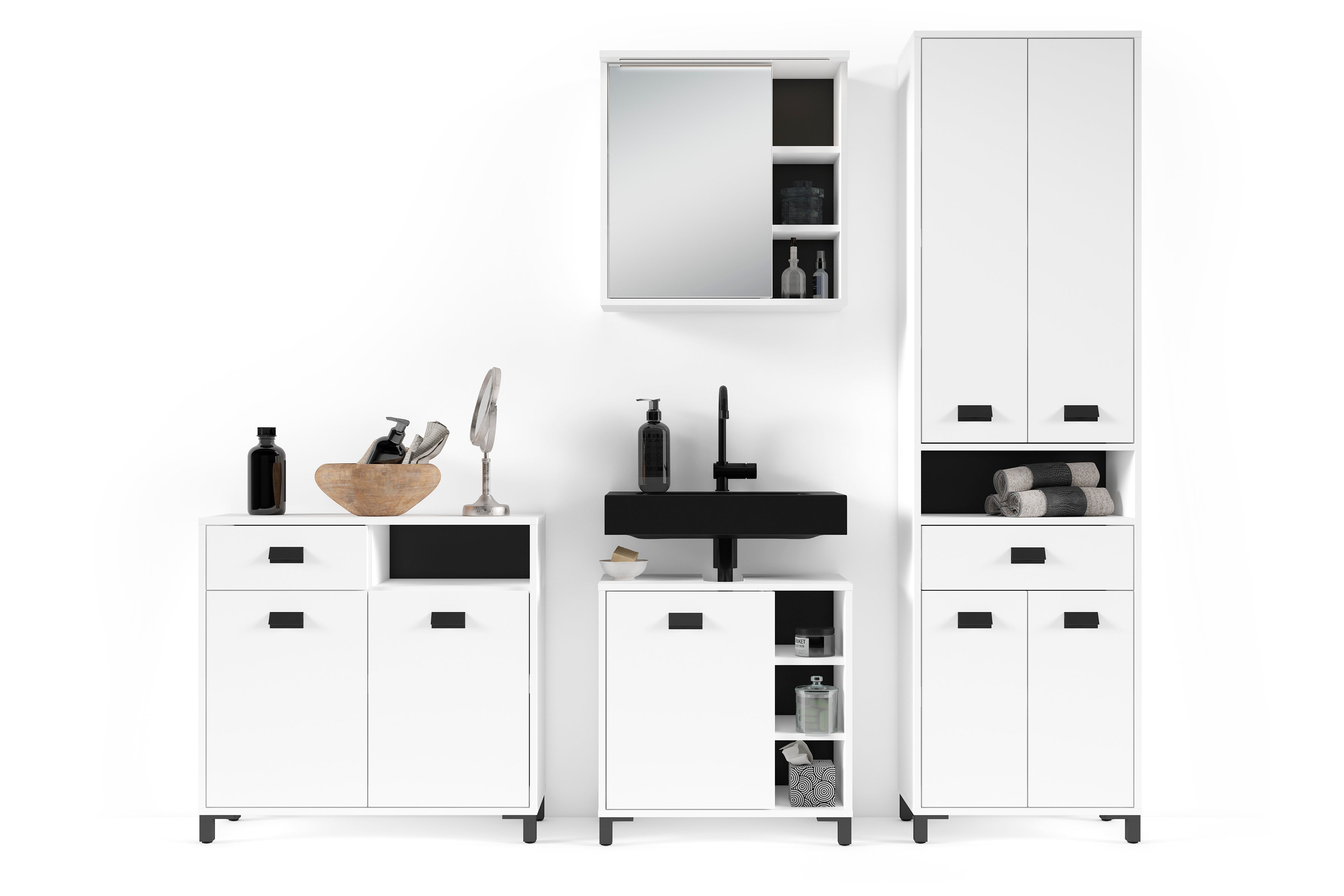 Badezimmer-Hochschrank WELLNESS in Artisan Eiche, Griffe aus Metall in schwarz / Badezimmerschrank 4 Türen mit offenen Elementen &amp; viel Stauraum / B 54, H 193, T 31 cm