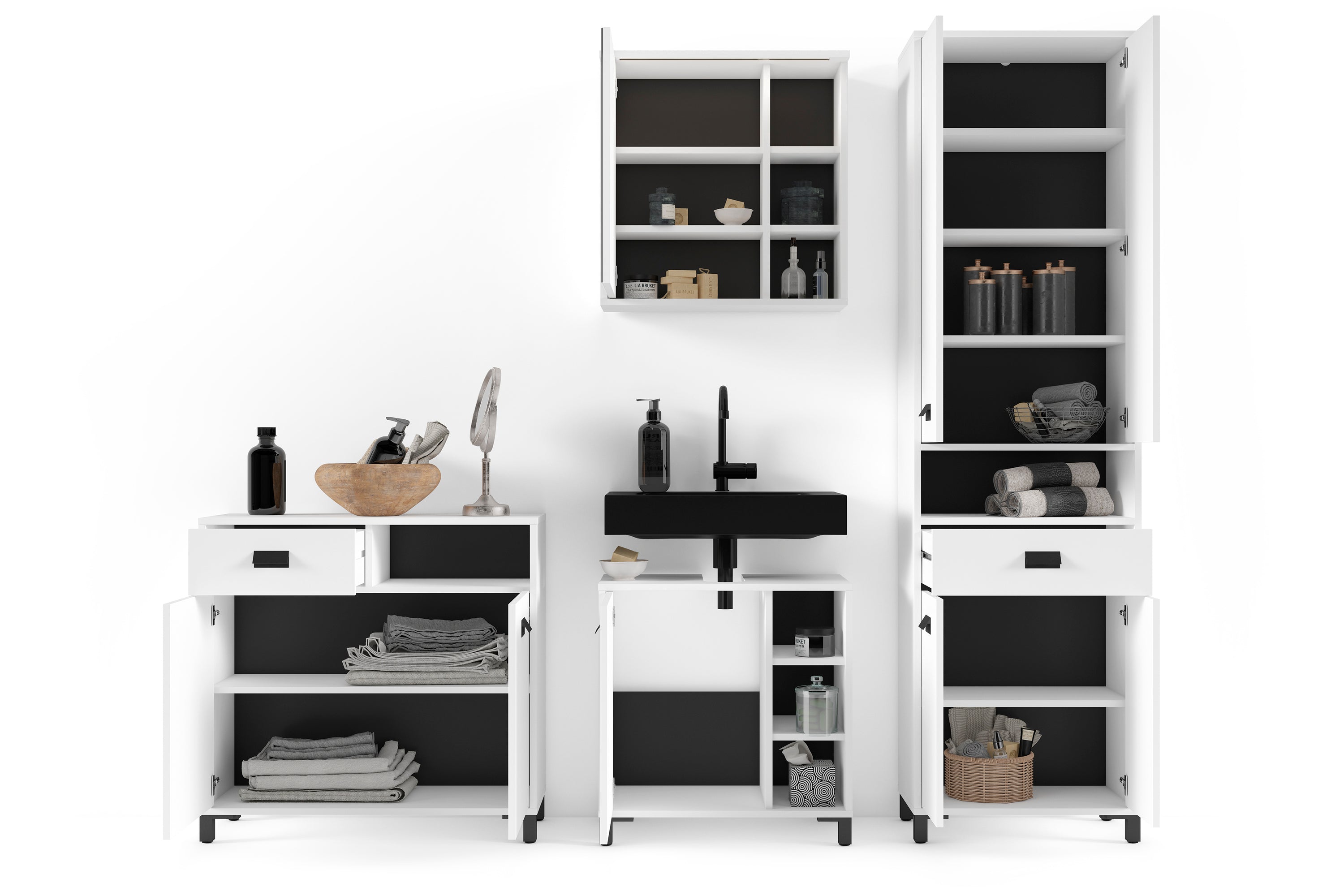 Badezimmer-Hochschrank WELLNESS in Artisan Eiche, Griffe aus Metall in schwarz / Badezimmerschrank 4 Türen mit offenen Elementen &amp; viel Stauraum / B 54, H 193, T 31 cm