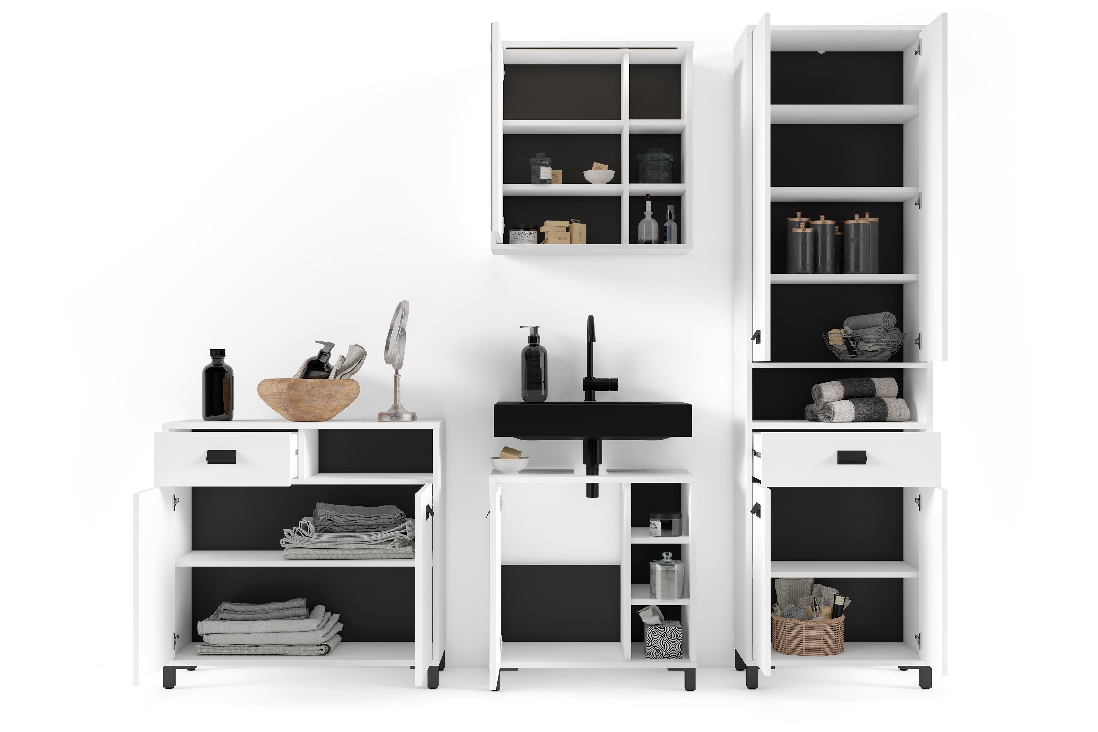 Badezimmer-Hochschrank WELLNESS in Artisan Eiche, Griffe aus Metall in schwarz / Badezimmerschrank 4 Türen mit offenen Elementen &amp; viel Stauraum / B 54, H 193, T 31 cm