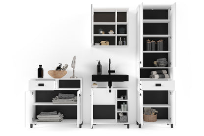 Badezimmer-Hochschrank WELLNESS in Artisan Eiche, Griffe aus Metall in schwarz / Badezimmerschrank 4 Türen mit offenen Elementen &amp; viel Stauraum / B 54, H 193, T 31 cm