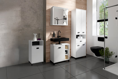 Badezimmer Seitenschrank WELLNESS in Artisan Eiche, Griff aus Metall in schwarz / Badschrank mit einem offenen Fach und einer Tür / B 42, H 77,5, T 31 cm