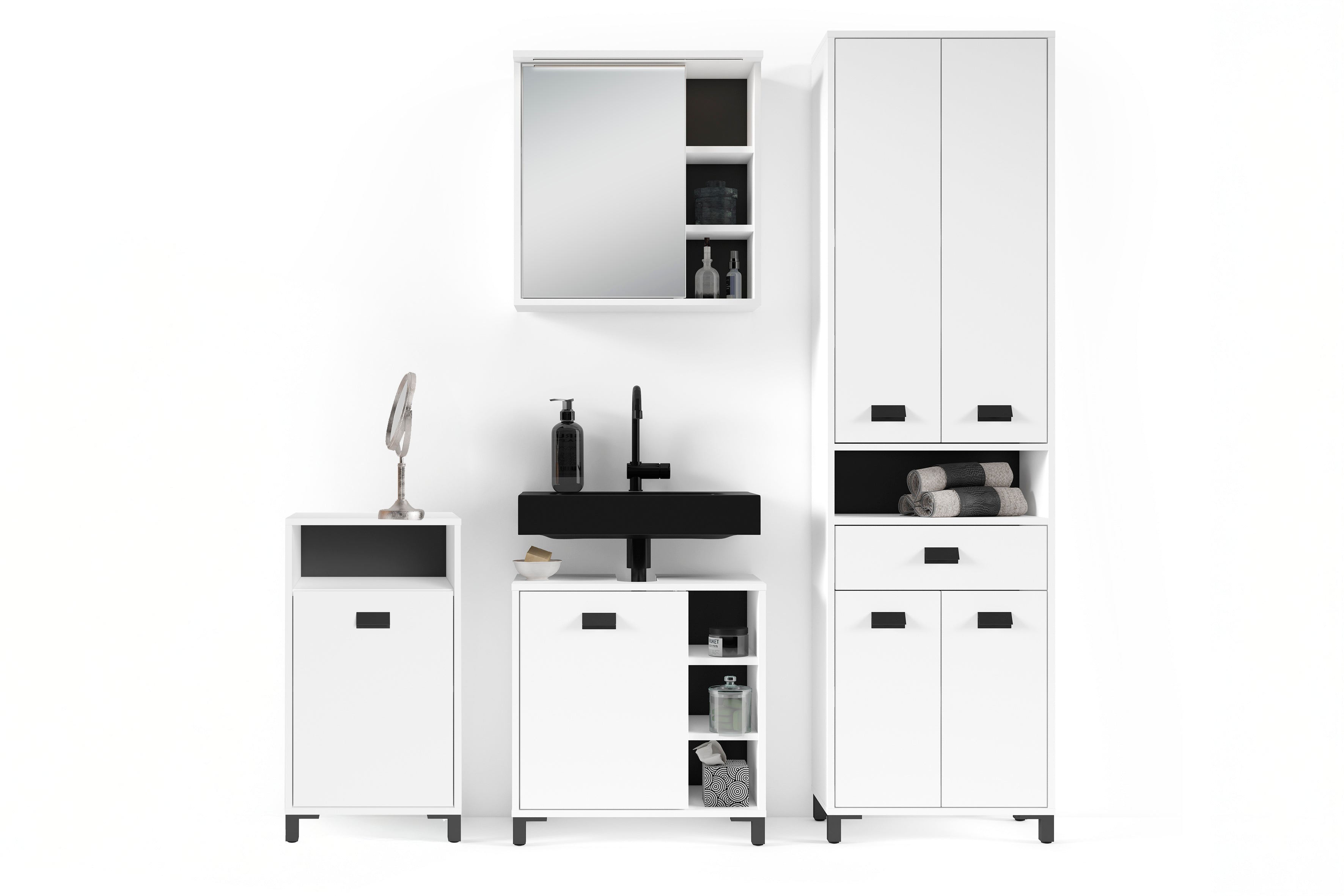 Badezimmer Seitenschrank WELLNESS in Artisan Eiche, Griff aus Metall in schwarz / Badschrank mit einem offenen Fach und einer Tür / B 42, H 77,5, T 31 cm